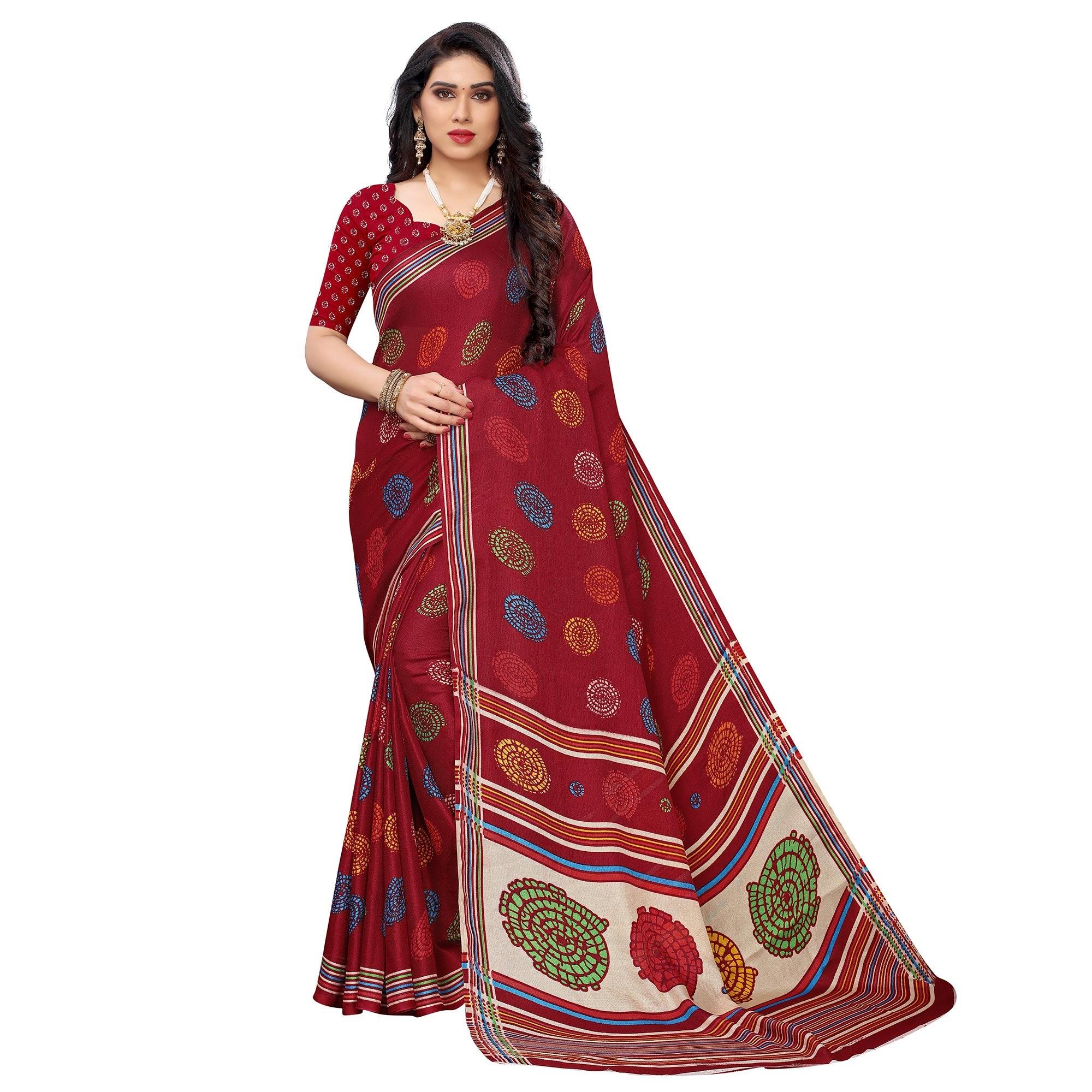 Staring Red Colored Casual Wear Printed Jute Silk Saree - Peachmode