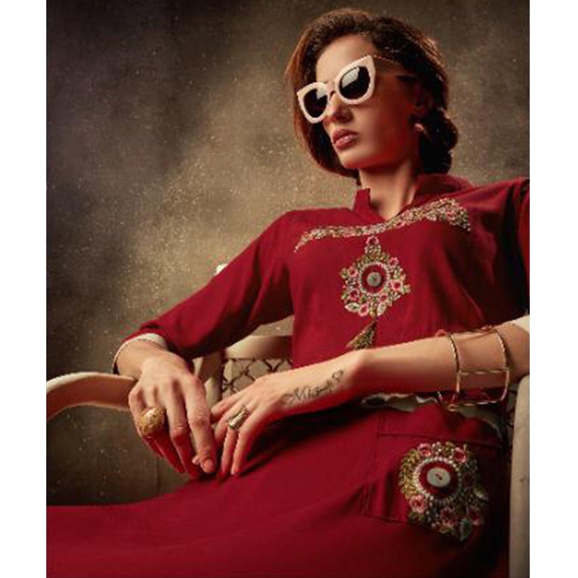 Staring Red Colored Partywear Embroidered Heavy Rayon Long Kurti - Peachmode