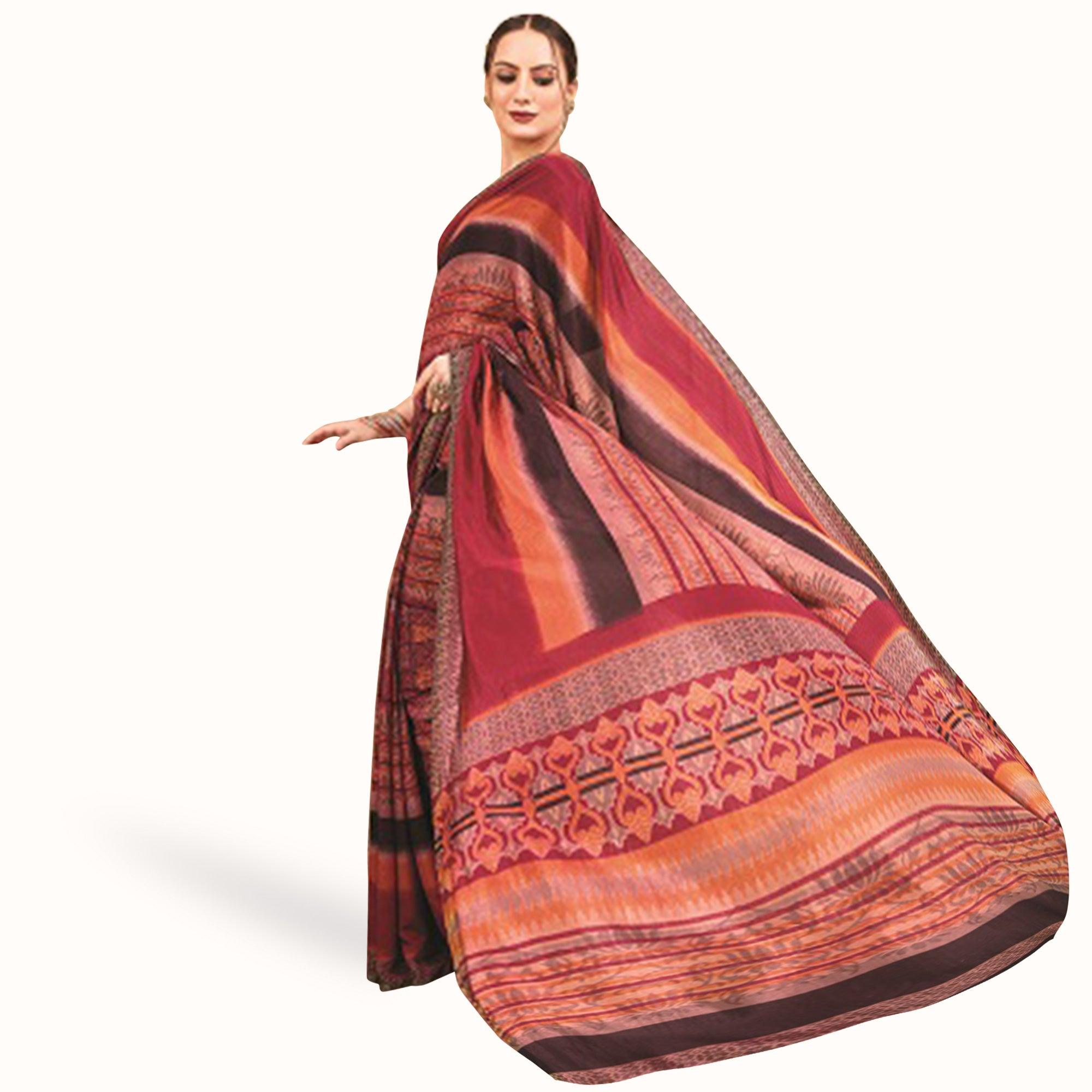 Staring Red-Multi Colored Casual Printed Art Silk Saree - Peachmode