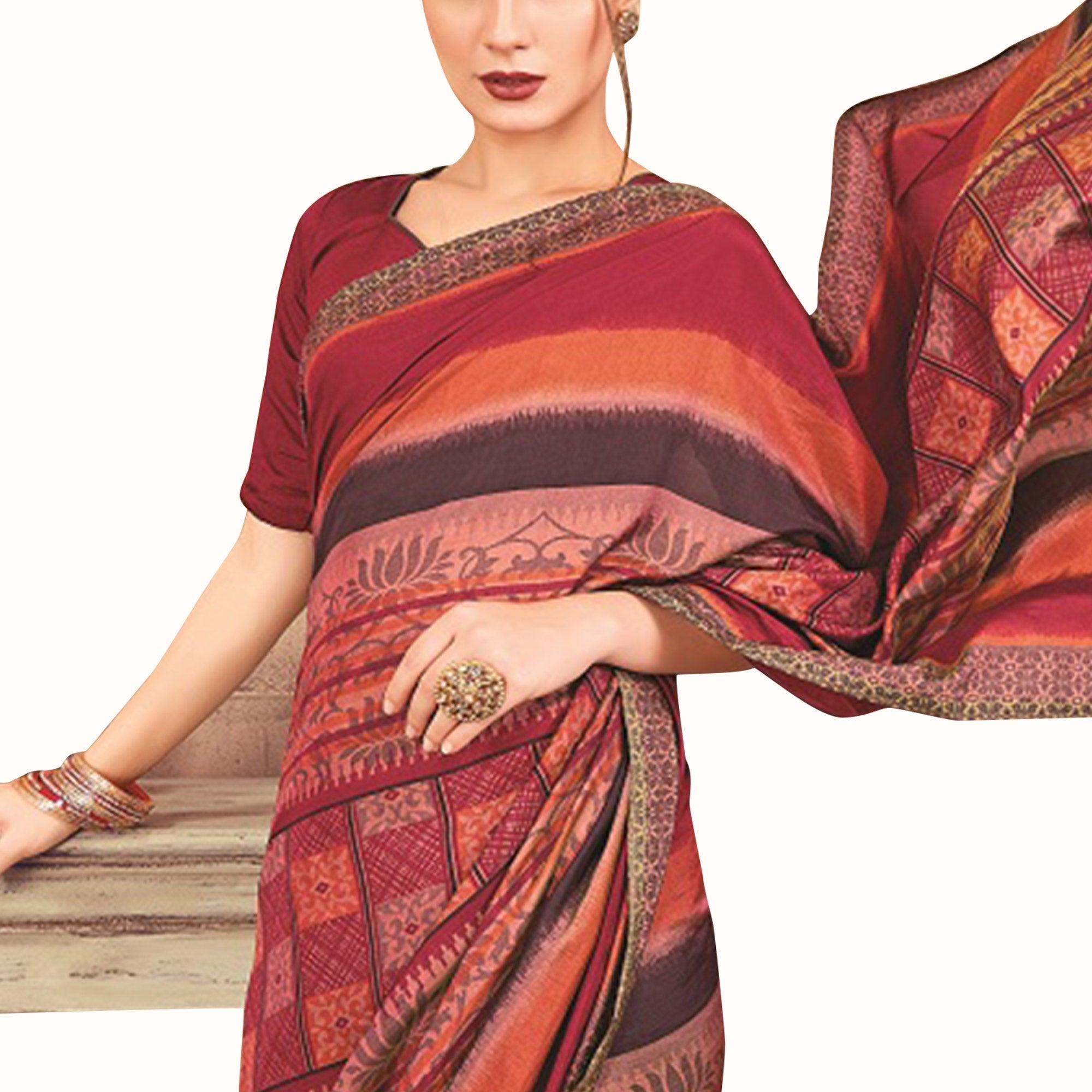 Staring Red-Multi Colored Casual Printed Art Silk Saree - Peachmode