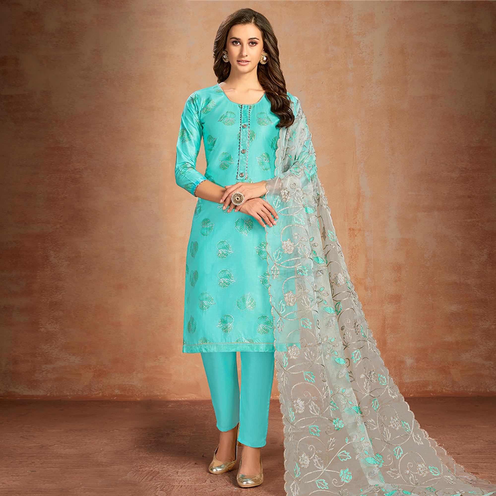 Staring Turquoise Blue Colored Partywear Embroidered Pure Cotton Dress Material - Peachmode