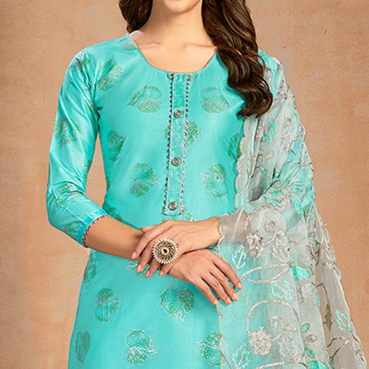 Staring Turquoise Blue Colored Partywear Embroidered Pure Cotton Dress Material - Peachmode