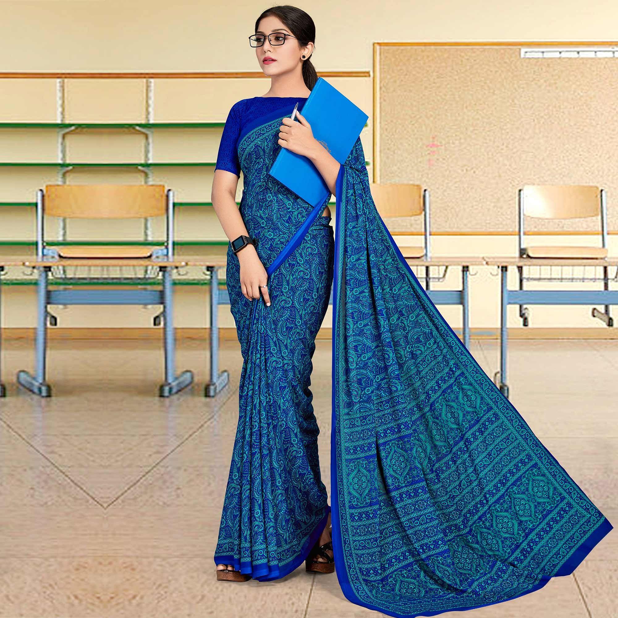 Staring Turquoise Blue Coloured Casual Wear Printed Georgette Saree - Peachmode