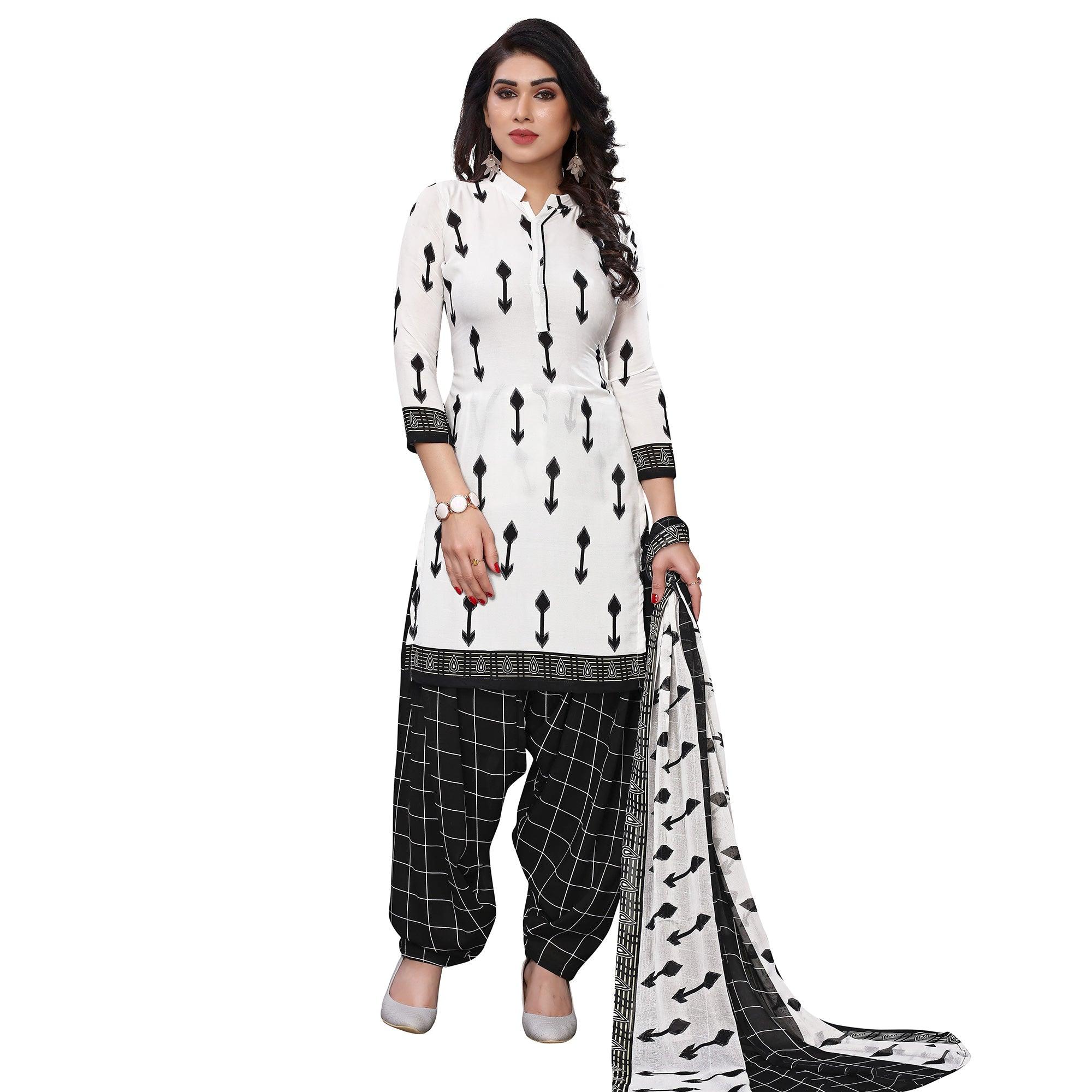 Staring White Colored Casual Wear Printed French Crepe Patiala Dress Material - Peachmode