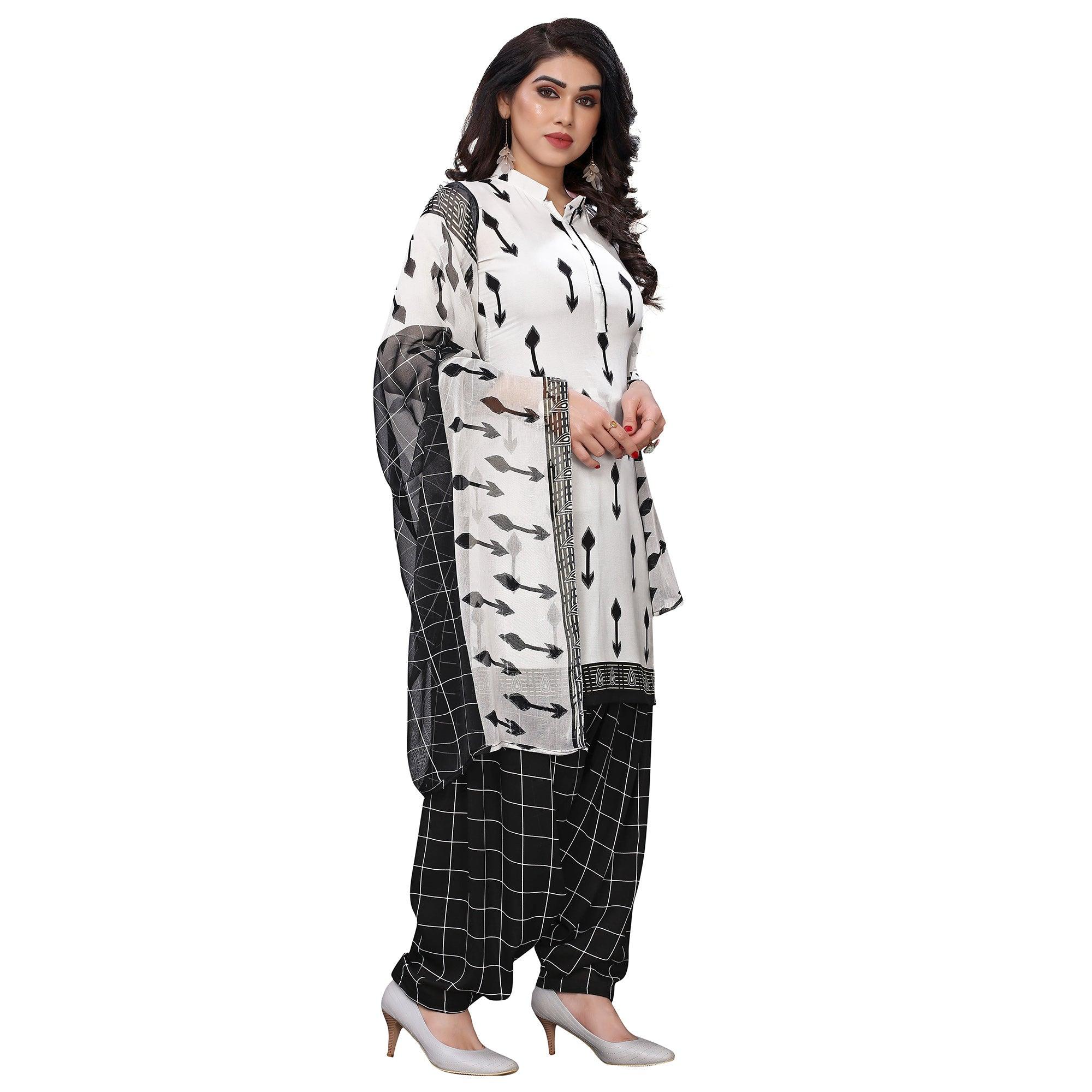 Staring White Colored Casual Wear Printed French Crepe Patiala Dress Material - Peachmode