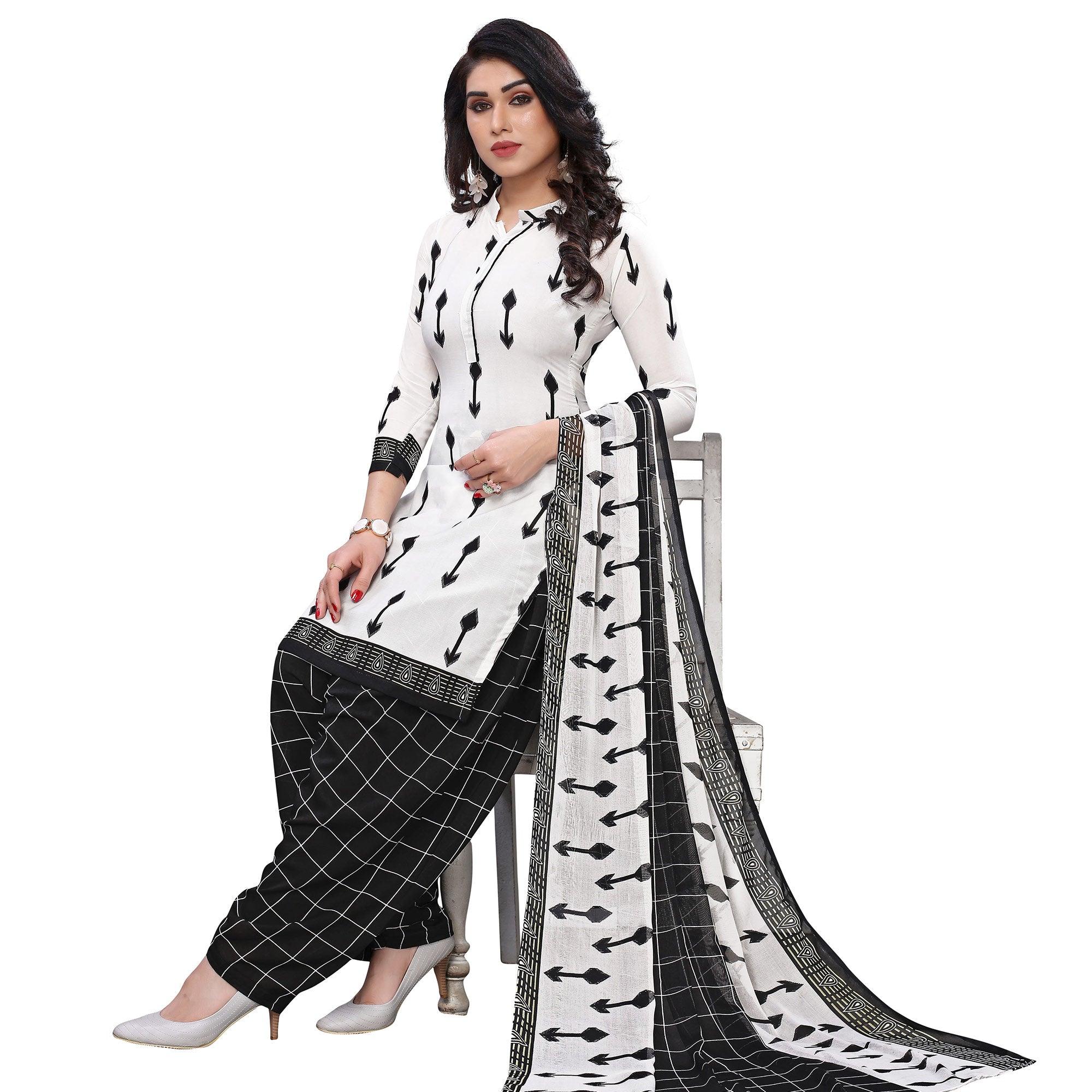 Staring White Colored Casual Wear Printed French Crepe Patiala Dress Material - Peachmode
