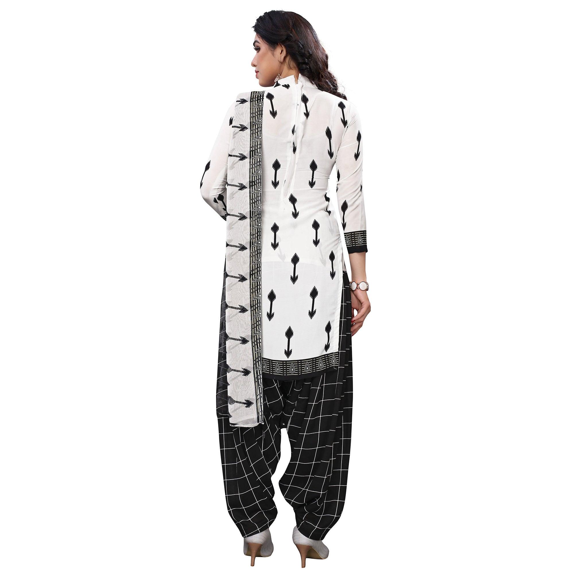 Staring White Colored Casual Wear Printed French Crepe Patiala Dress Material - Peachmode