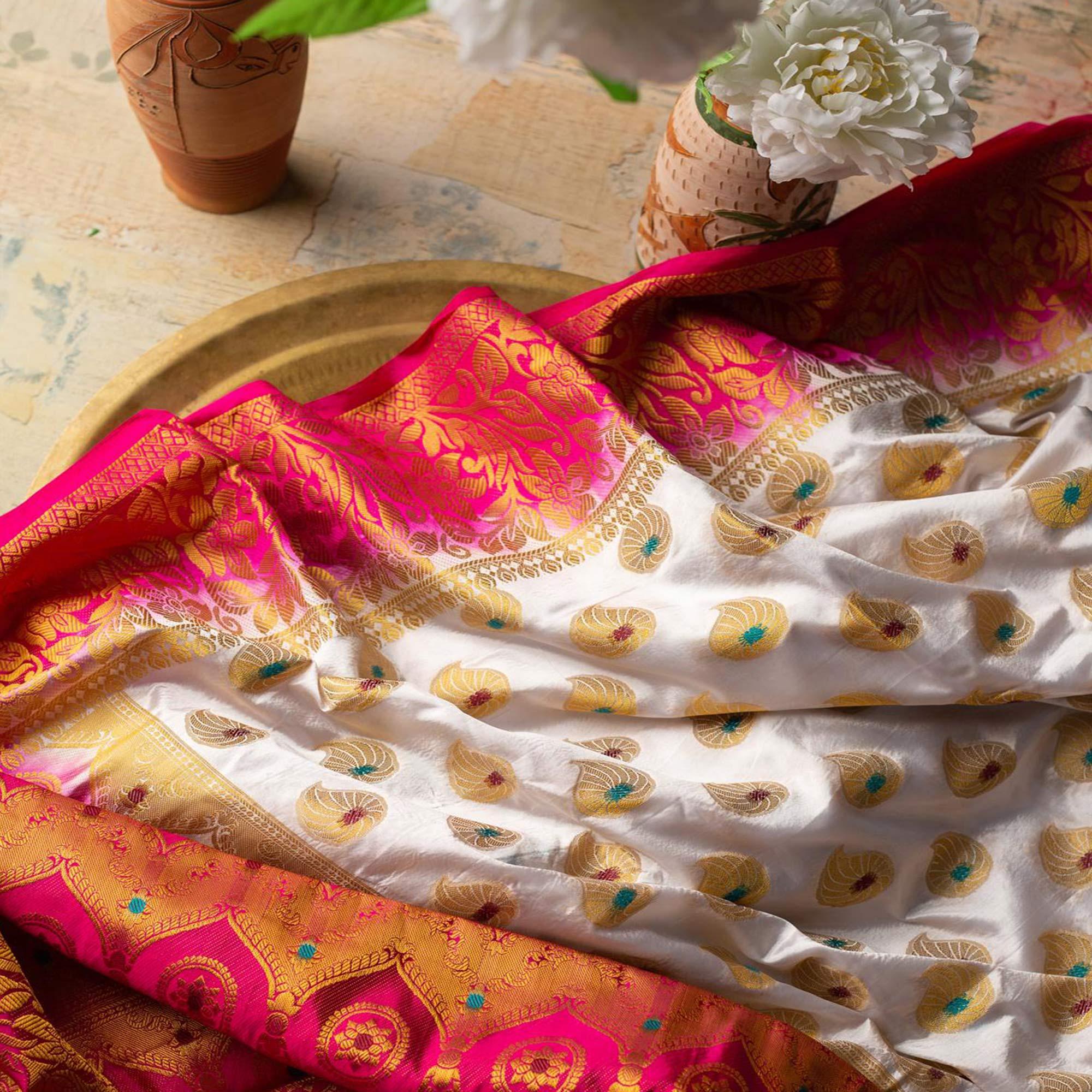 Staring White Colored Festive Wear Woven Art Silk Saree - Peachmode