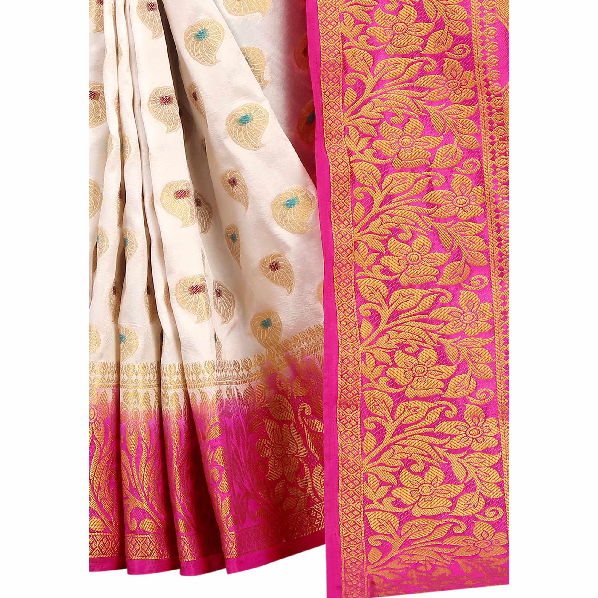 Staring White Colored Festive Wear Woven Art Silk Saree - Peachmode