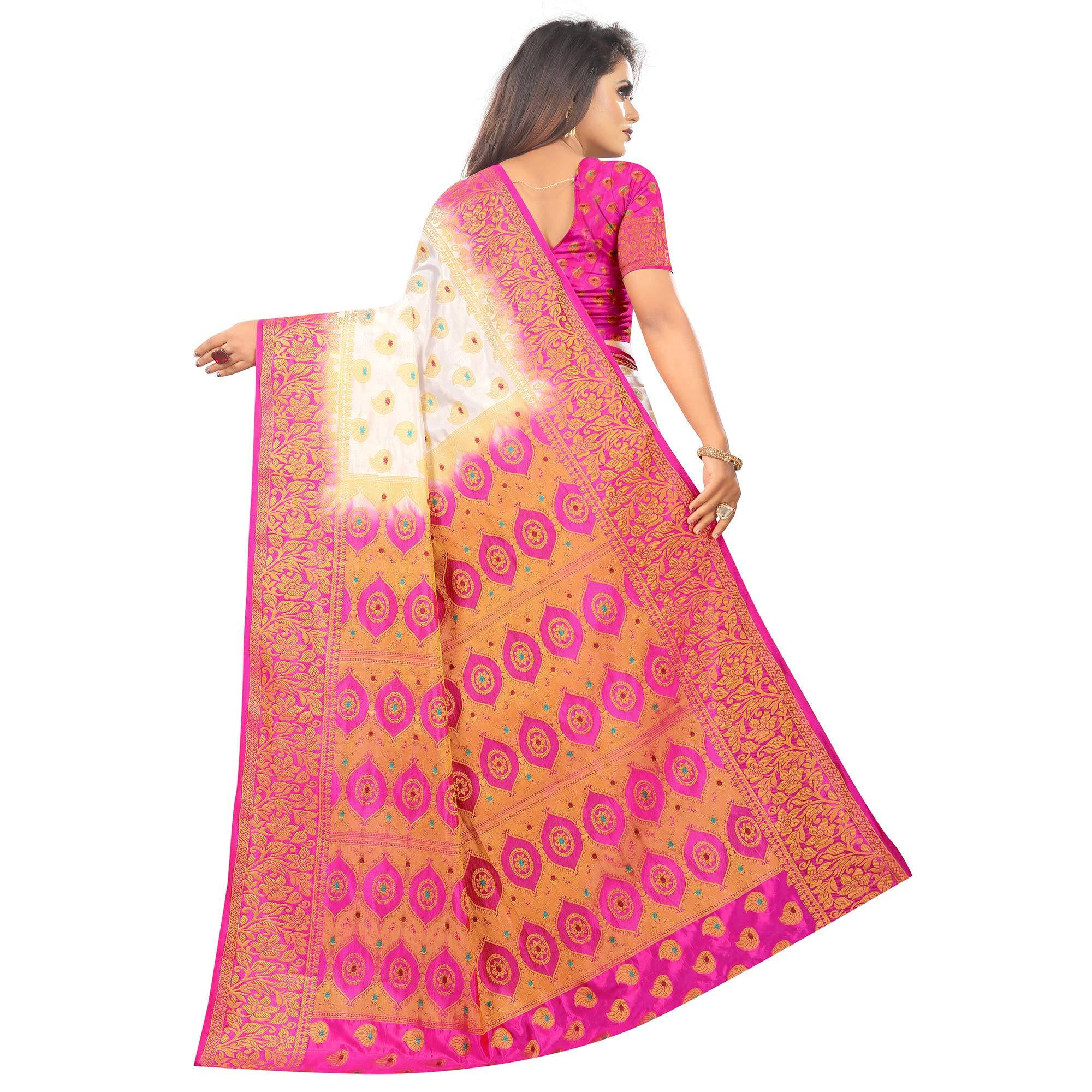 Staring White Colored Festive Wear Woven Art Silk Saree - Peachmode