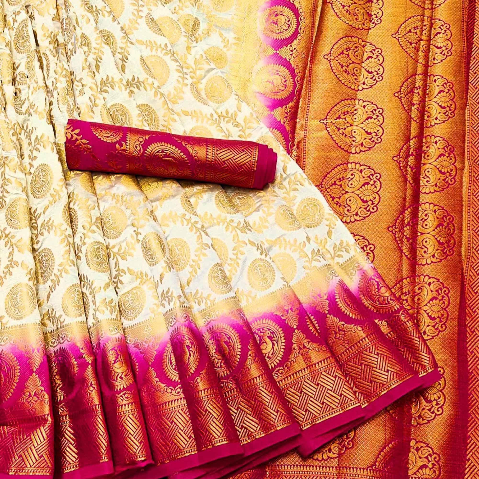 Staring White Colored Festive Wear Woven Silk Blend Saree - Peachmode