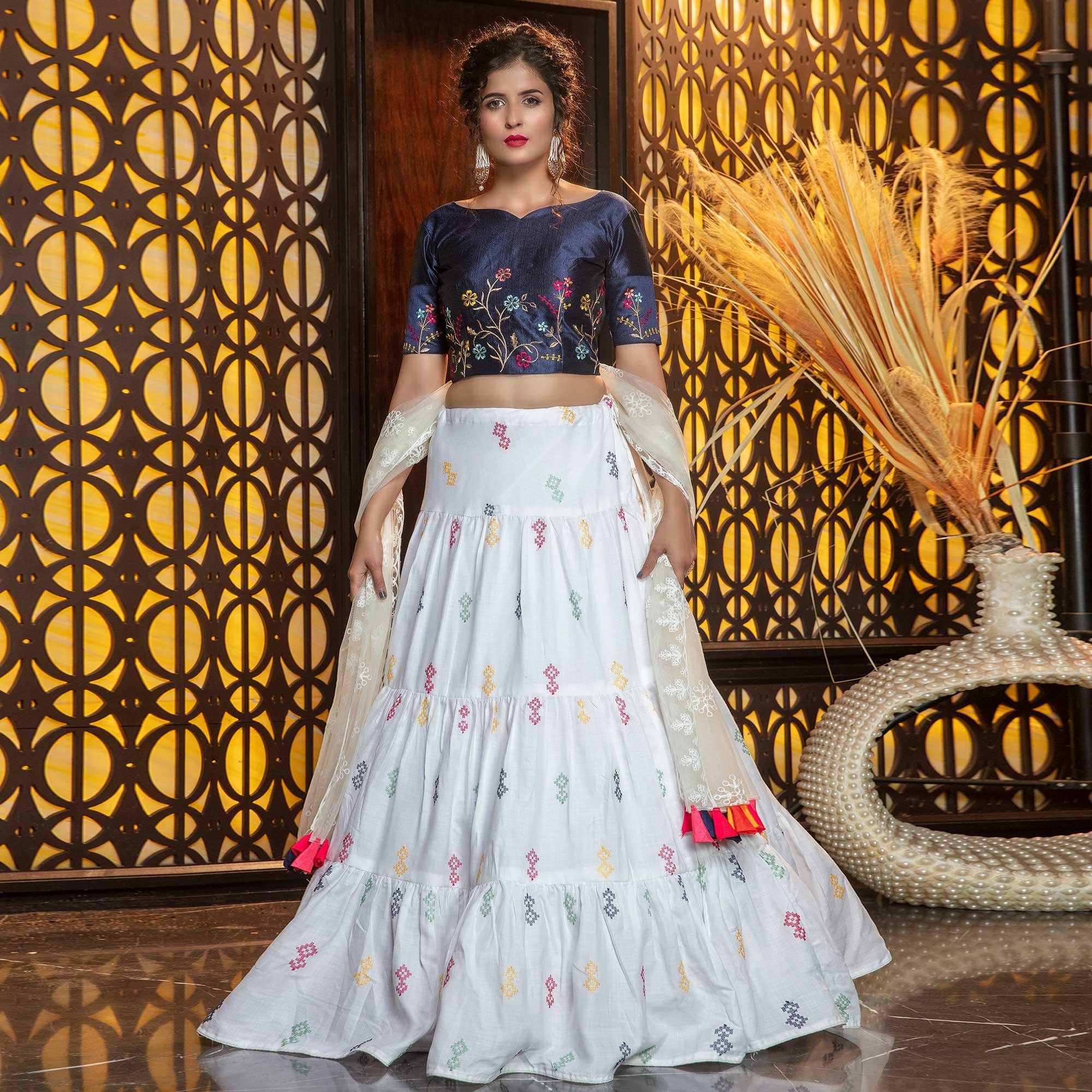 Staring White - Navy Blue Colored Partywear Embroidered Cotton Lehenga Choli - Peachmode