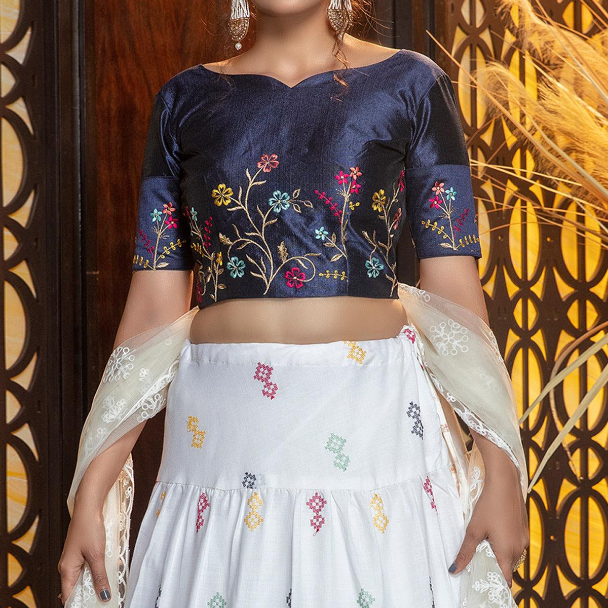 Staring White - Navy Blue Colored Partywear Embroidered Cotton Lehenga Choli - Peachmode