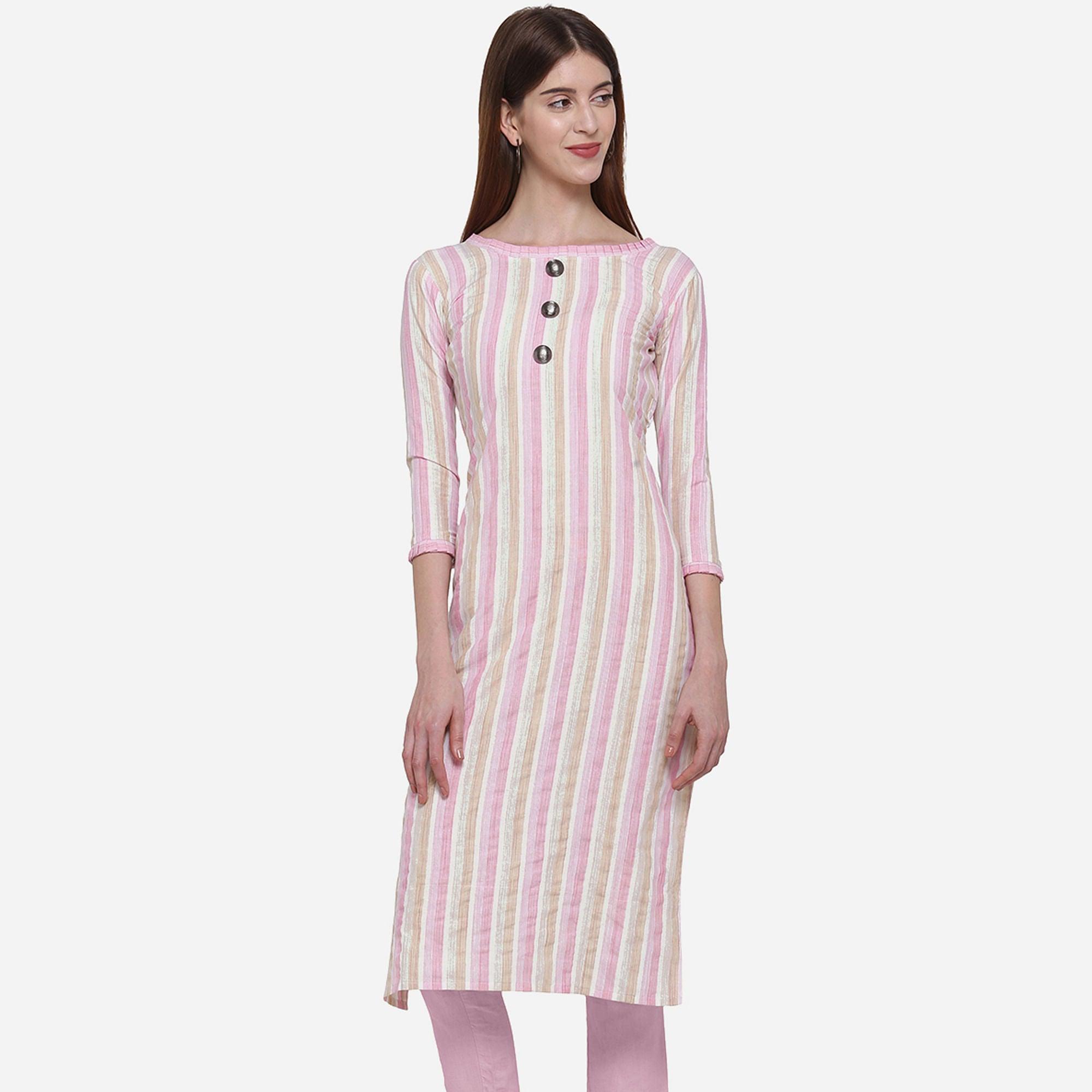 Staring White - Pink Colored Casual Wear Printed Cotton Kurti - Peachmode
