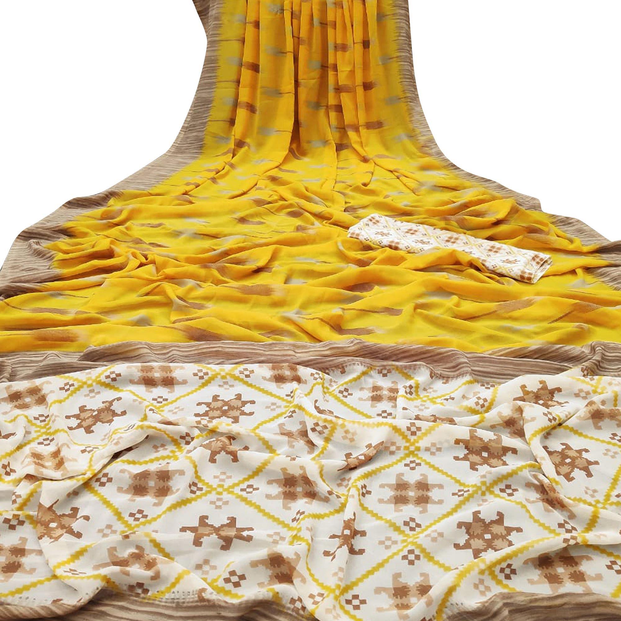 Staring Yellow Colored Casual Wear Mill Printed Georgette Saree - Peachmode