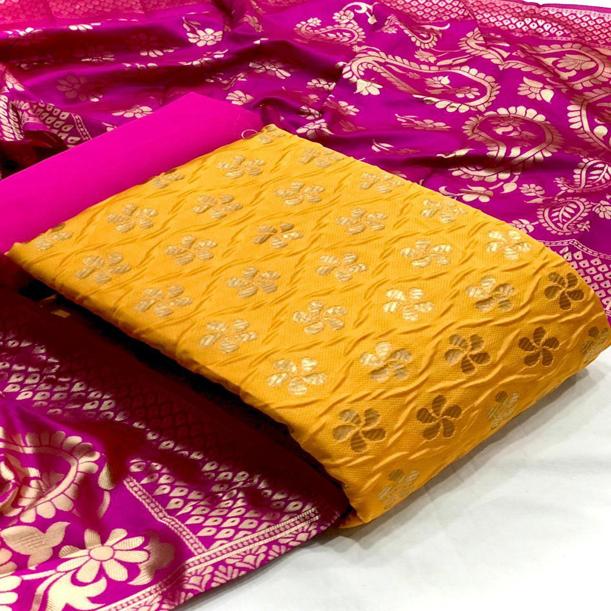 Staring Yellow Colored Casual Wear Woven Banarasi Silk Dress Material - Peachmode