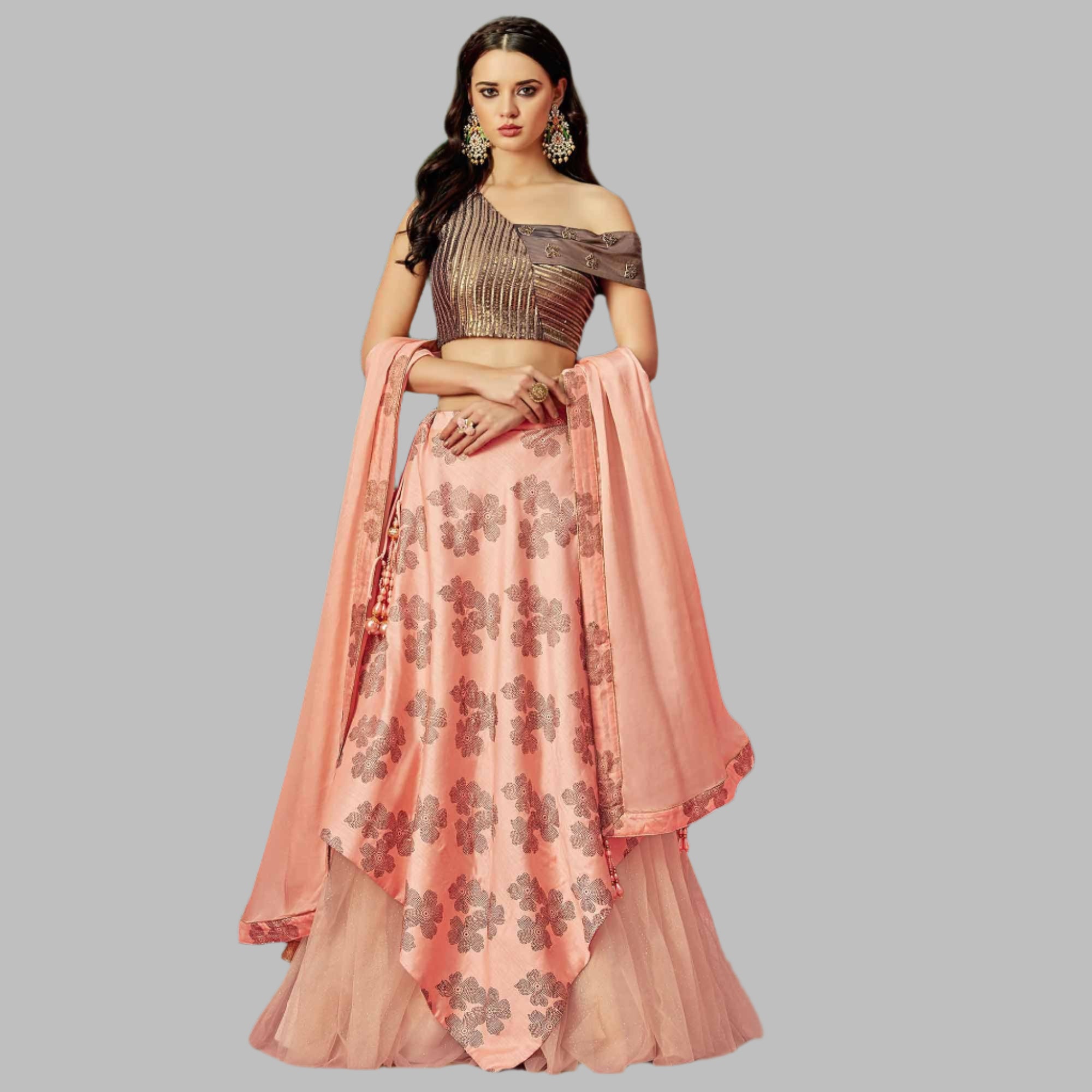 Starring Peach Colored Partywear Embroidered Silk-Net Lehenga Choli - Peachmode
