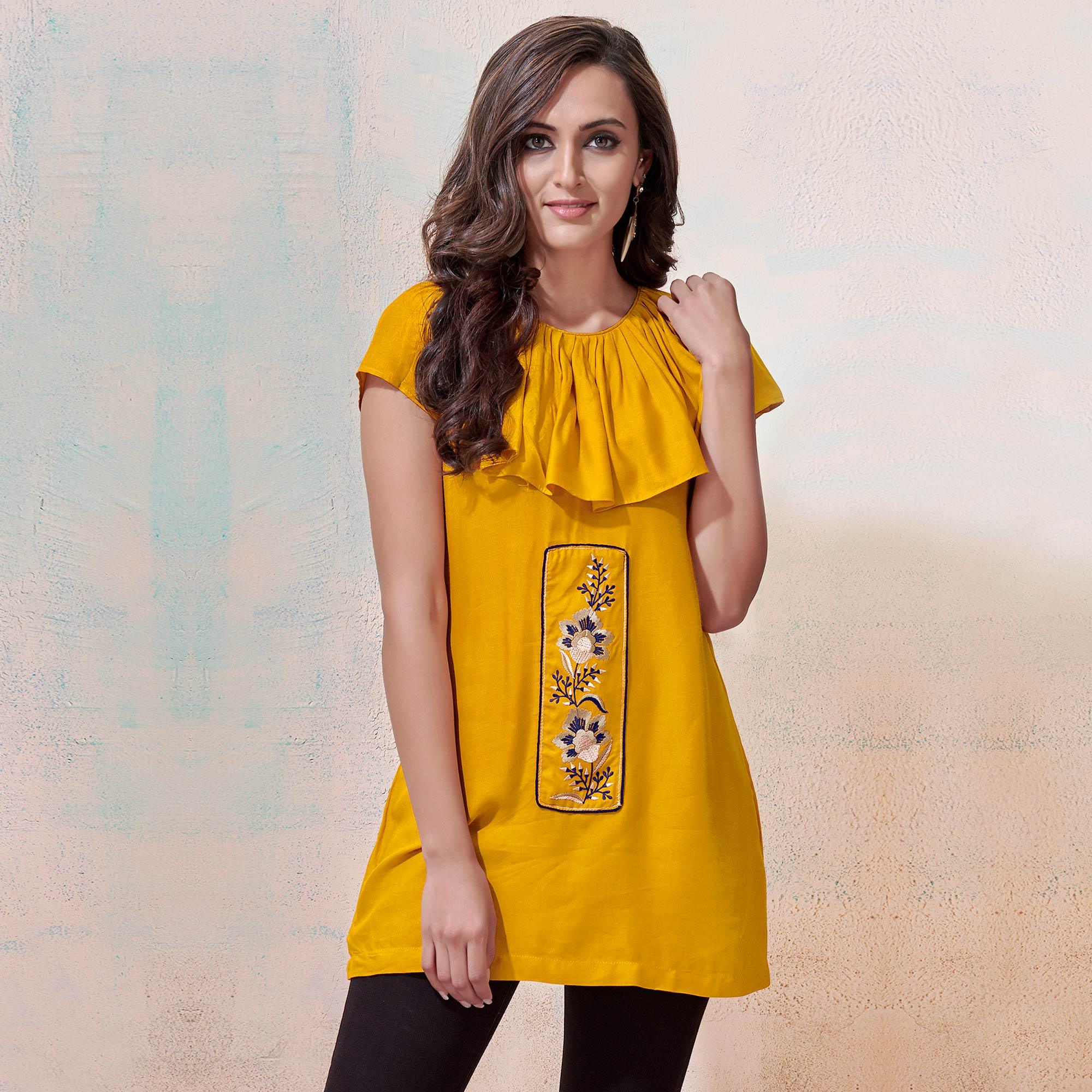 Starring Yellow Colored Partywear Embroidered Rayon Western Top - Peachmode