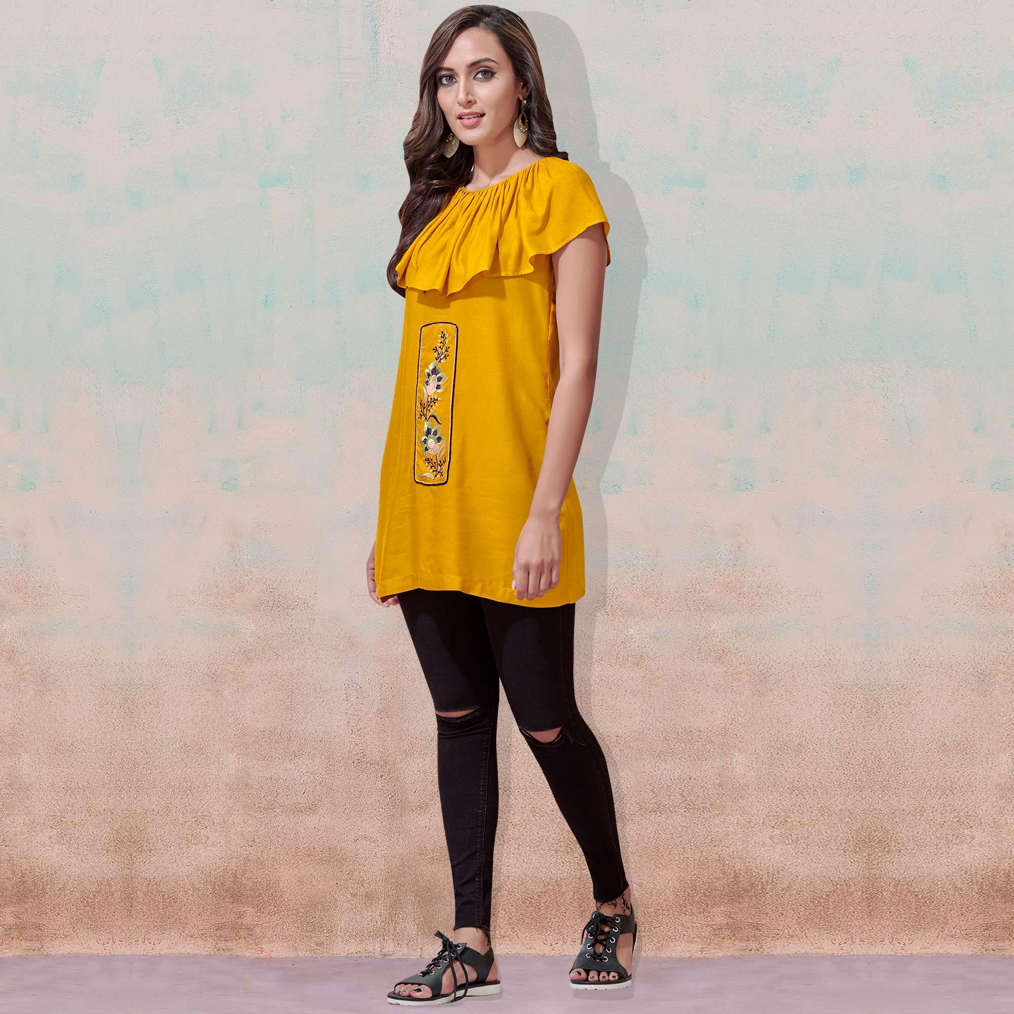 Starring Yellow Colored Partywear Embroidered Rayon Western Top - Peachmode