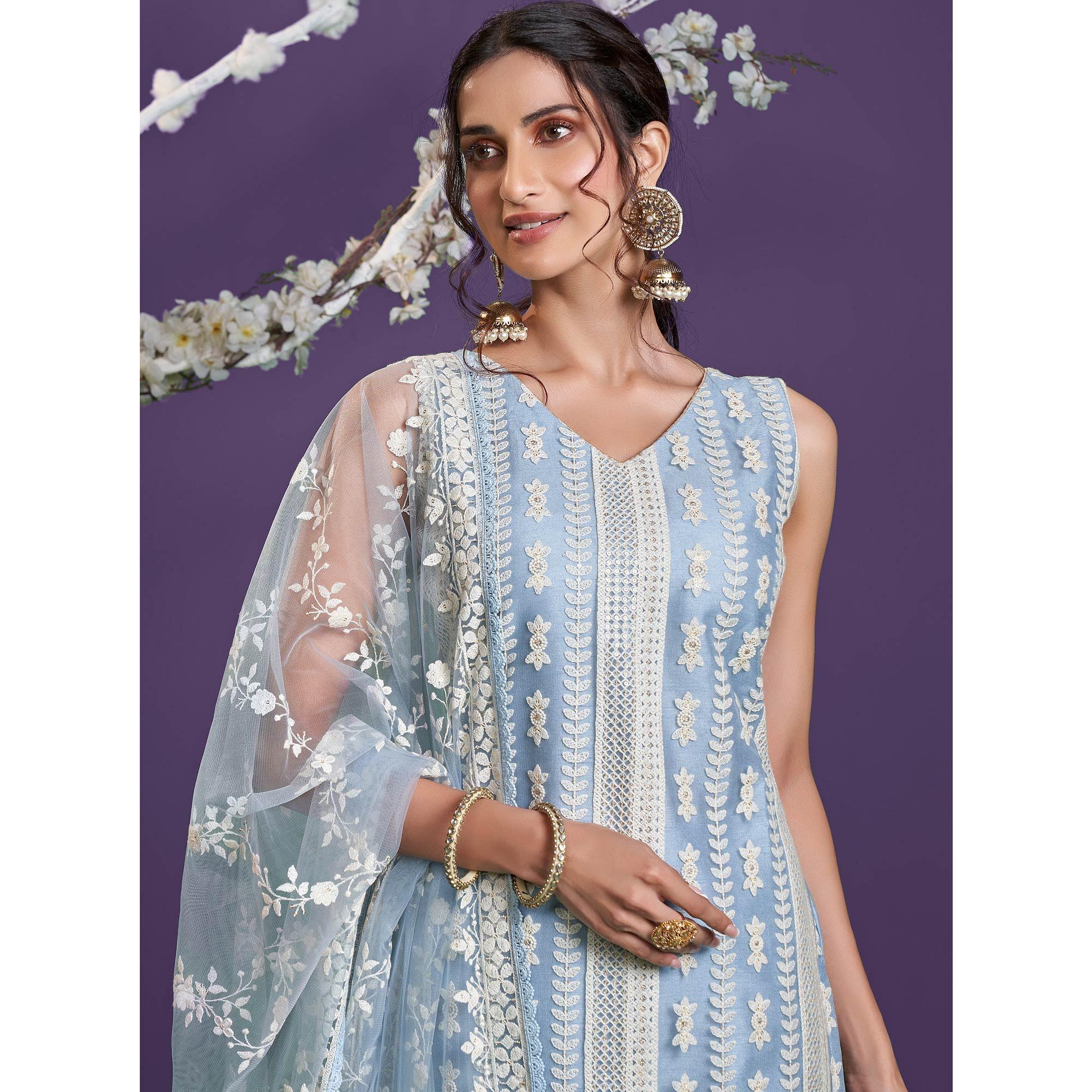 Steel Blue Cotton Thread Embroidery With Sequence Net Partywear Suit - Peachmode