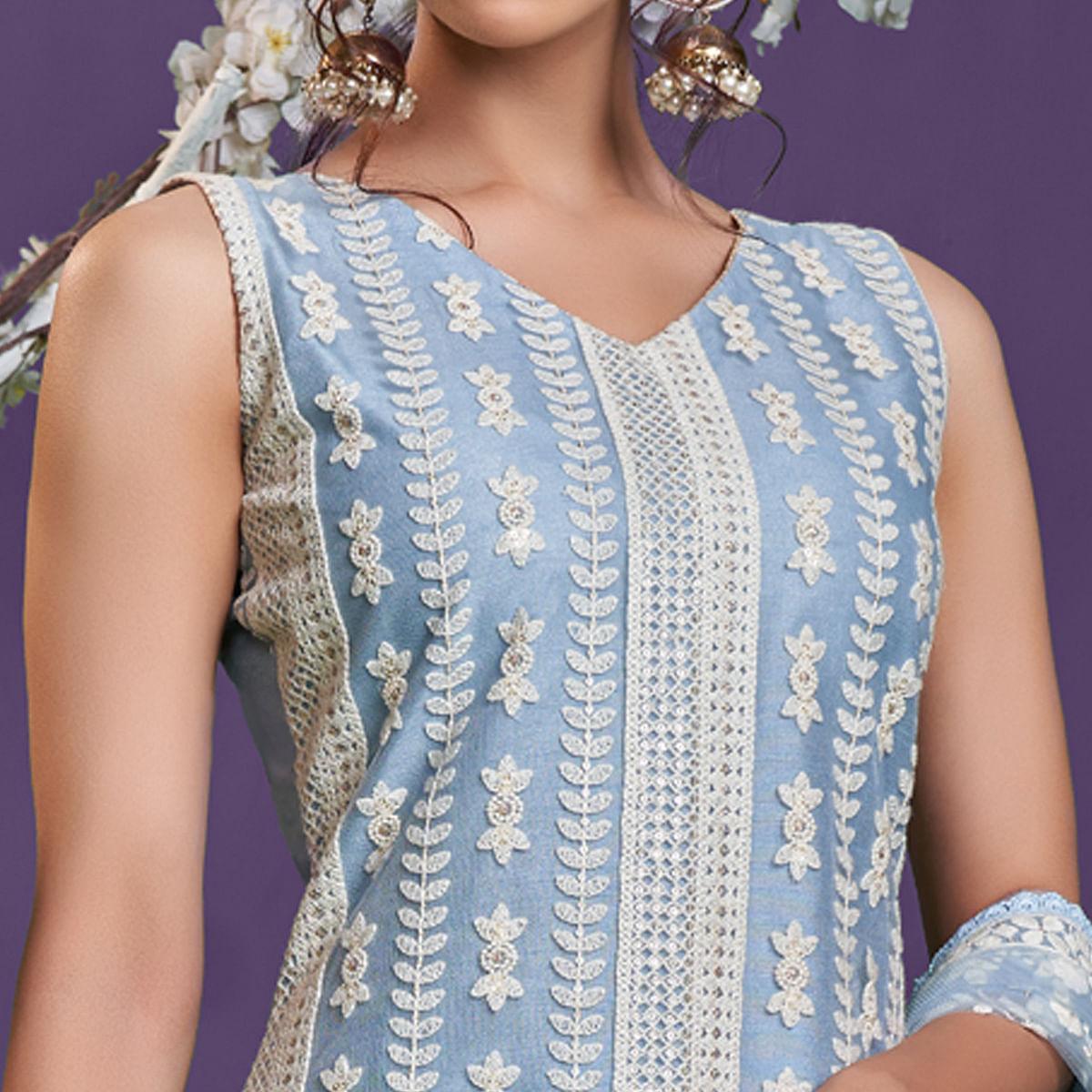 Steel Blue Cotton Thread Embroidery With Sequence Net Partywear Suit - Peachmode