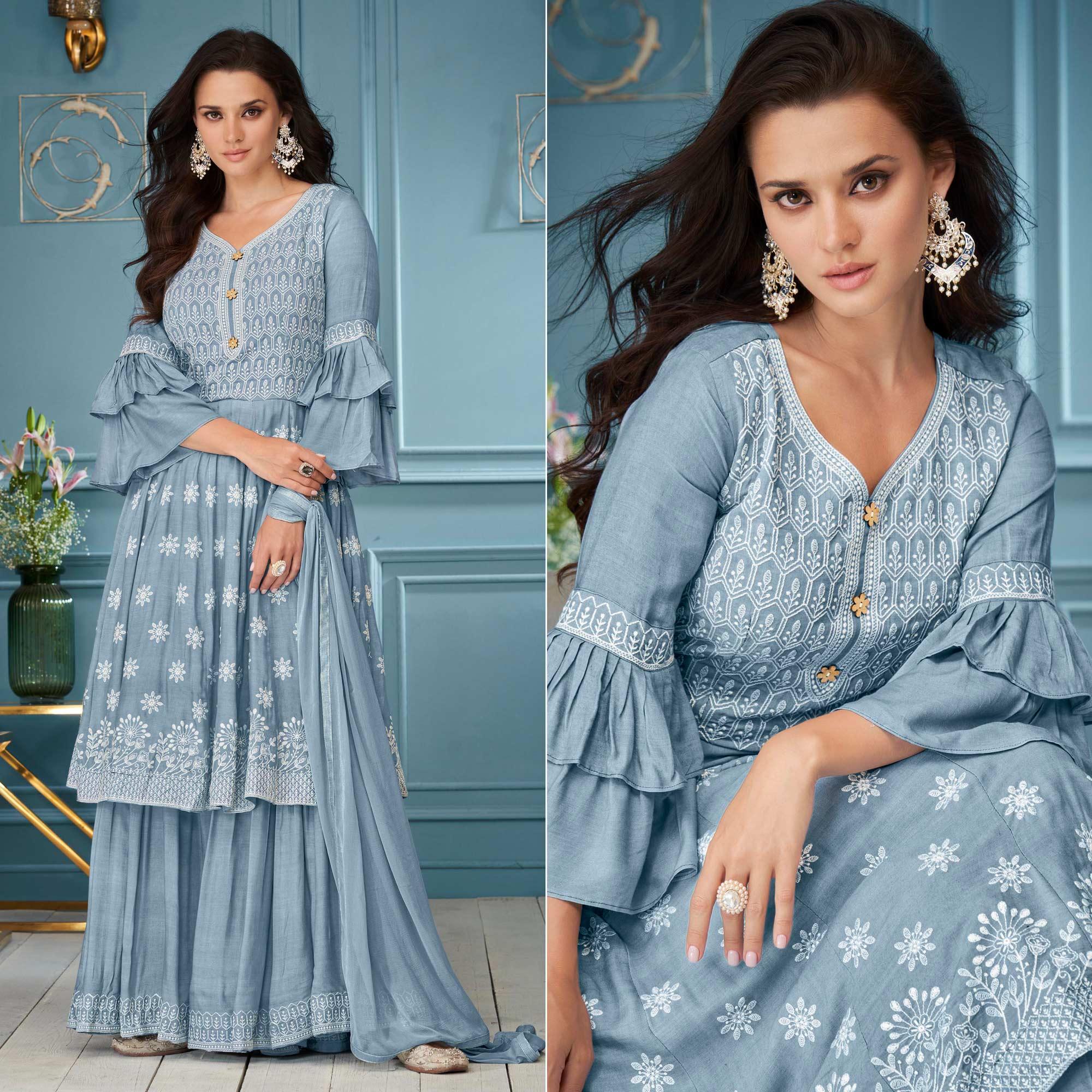 Stone Blue Embroidered Rayon Sharara Suit - Peachmode