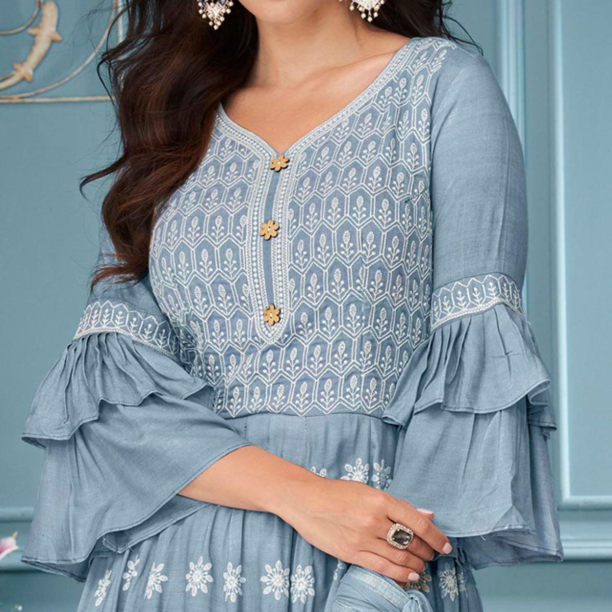 Stone Blue Embroidered Rayon Sharara Suit - Peachmode