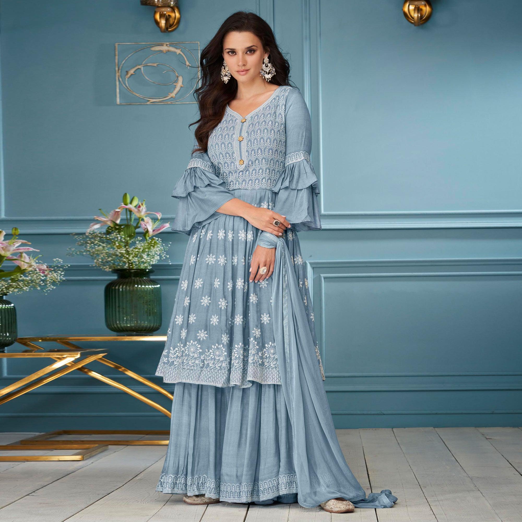Stone Blue Embroidered Rayon Sharara Suit - Peachmode