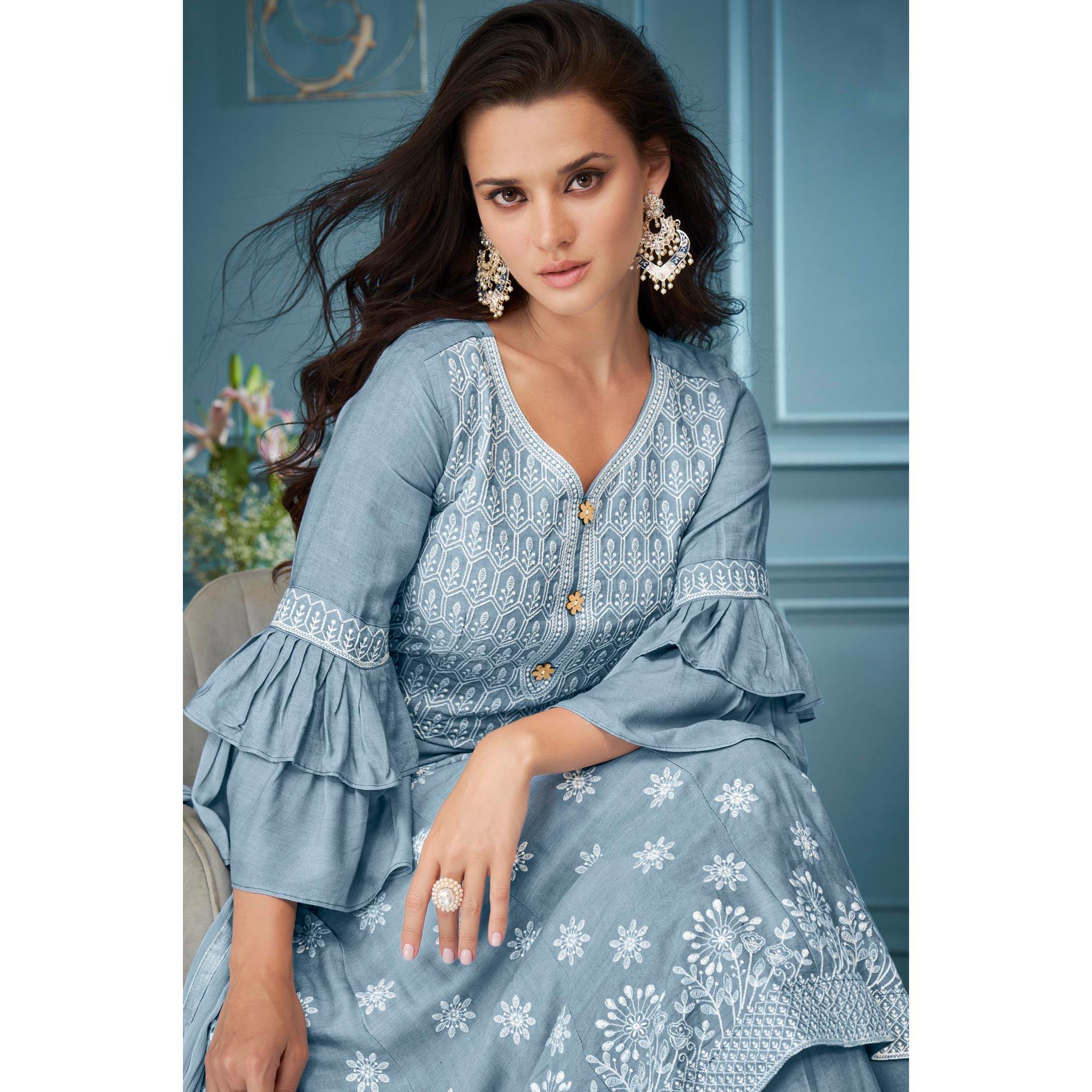 Stone Blue Embroidered Rayon Sharara Suit - Peachmode