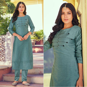 Stone Blue Embroidered Viscose Kurti Pant Set - Peachmode