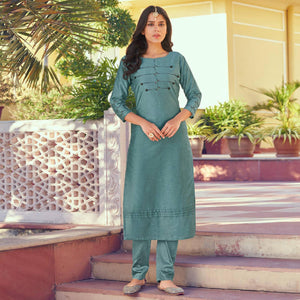 Stone Blue Embroidered Viscose Kurti Pant Set - Peachmode