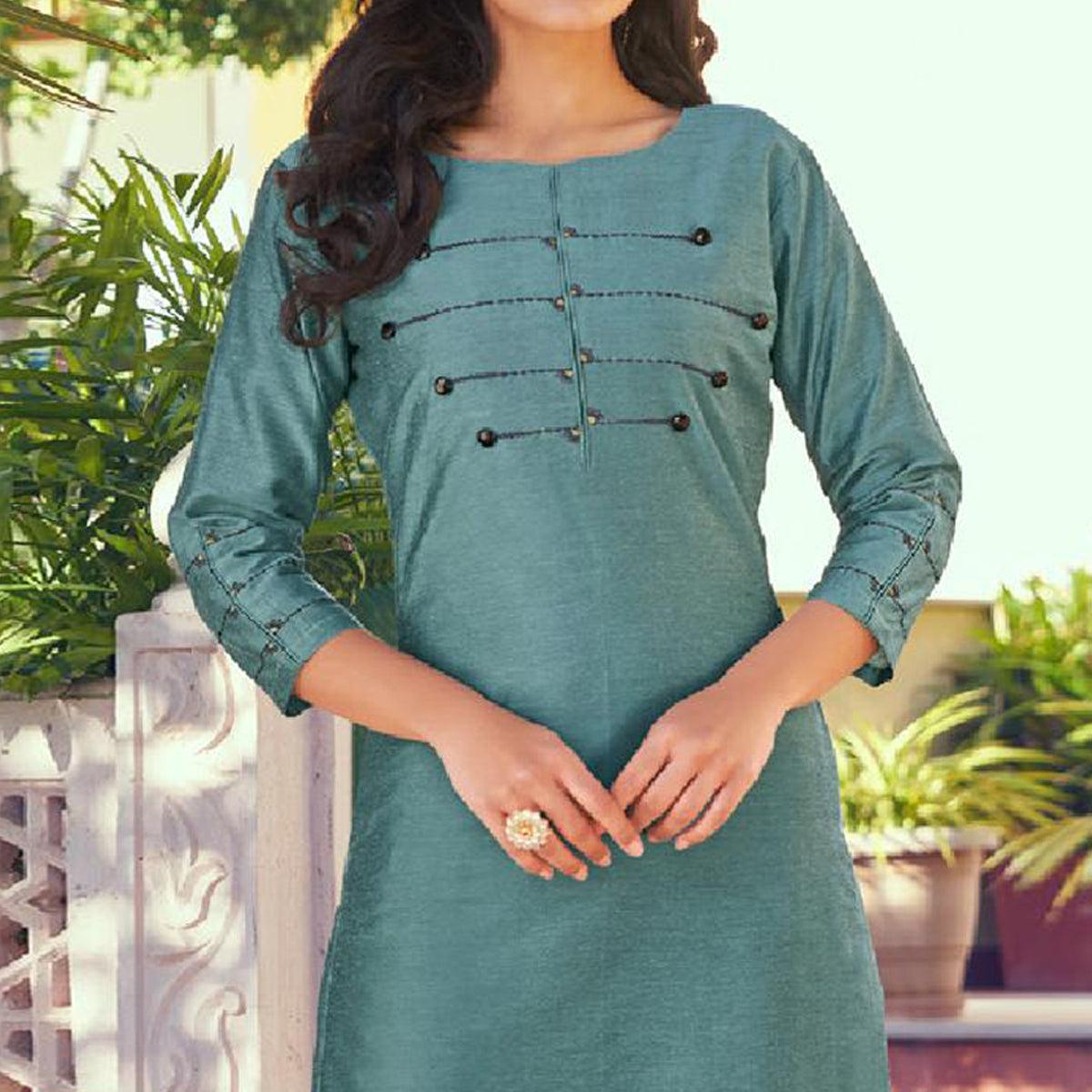 Stone Blue Embroidered Viscose Kurti Pant Set - Peachmode