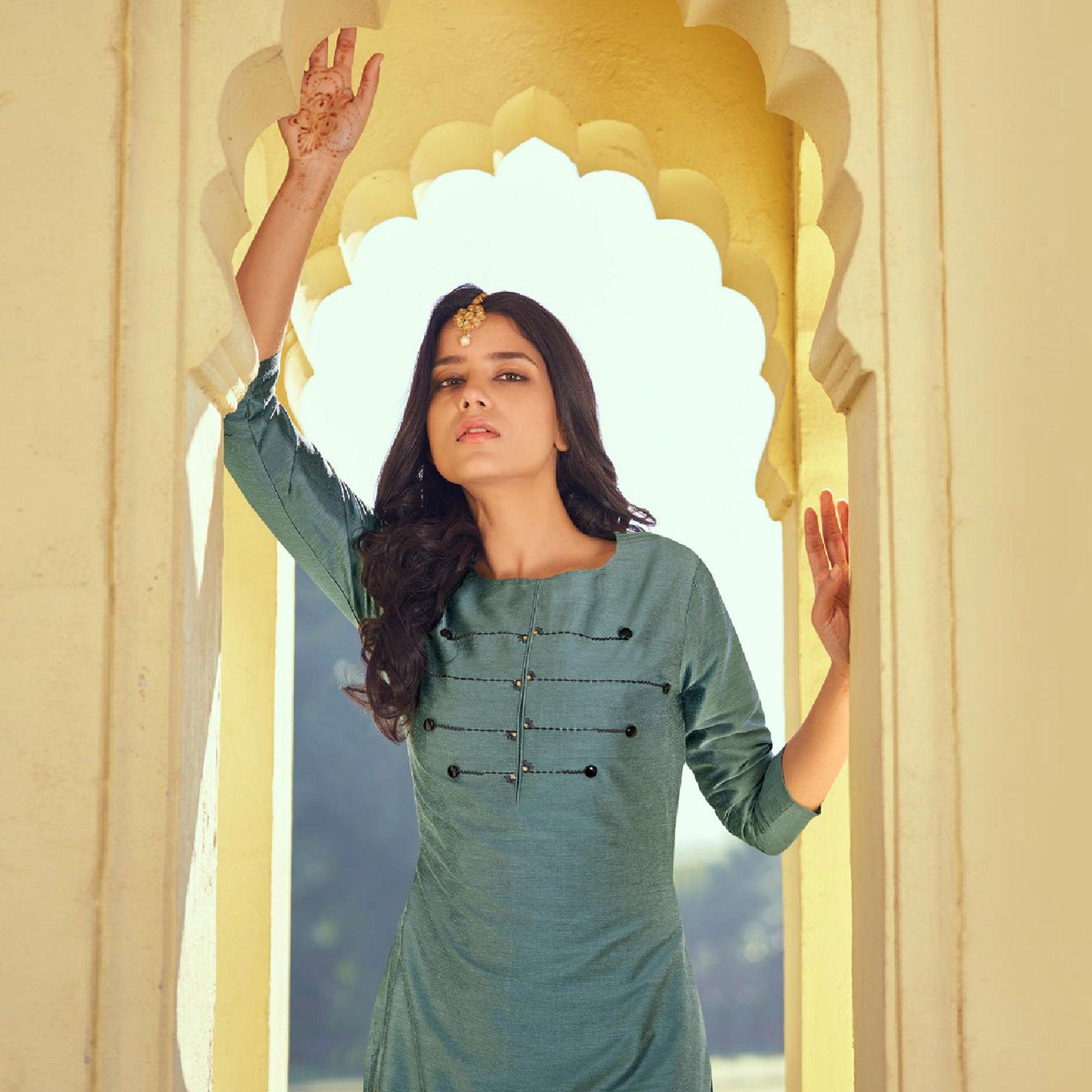 Stone Blue Embroidered Viscose Kurti Pant Set - Peachmode