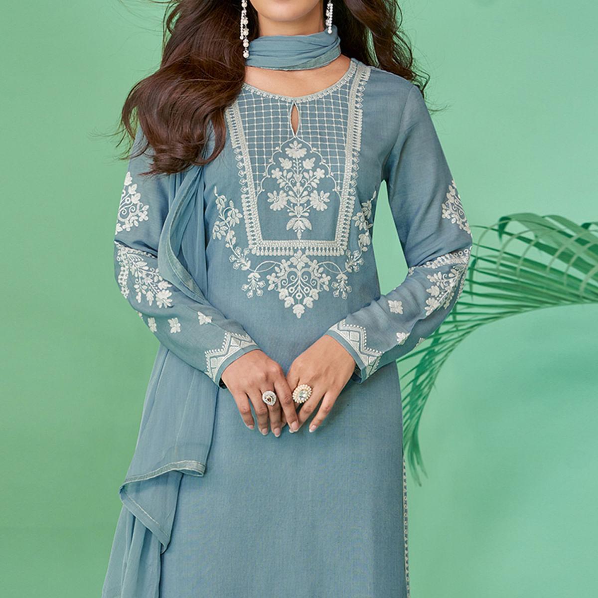 Stone Blue Lucknowi Embroidered Rayon Kurti Pant Set With Dupatta - Peachmode