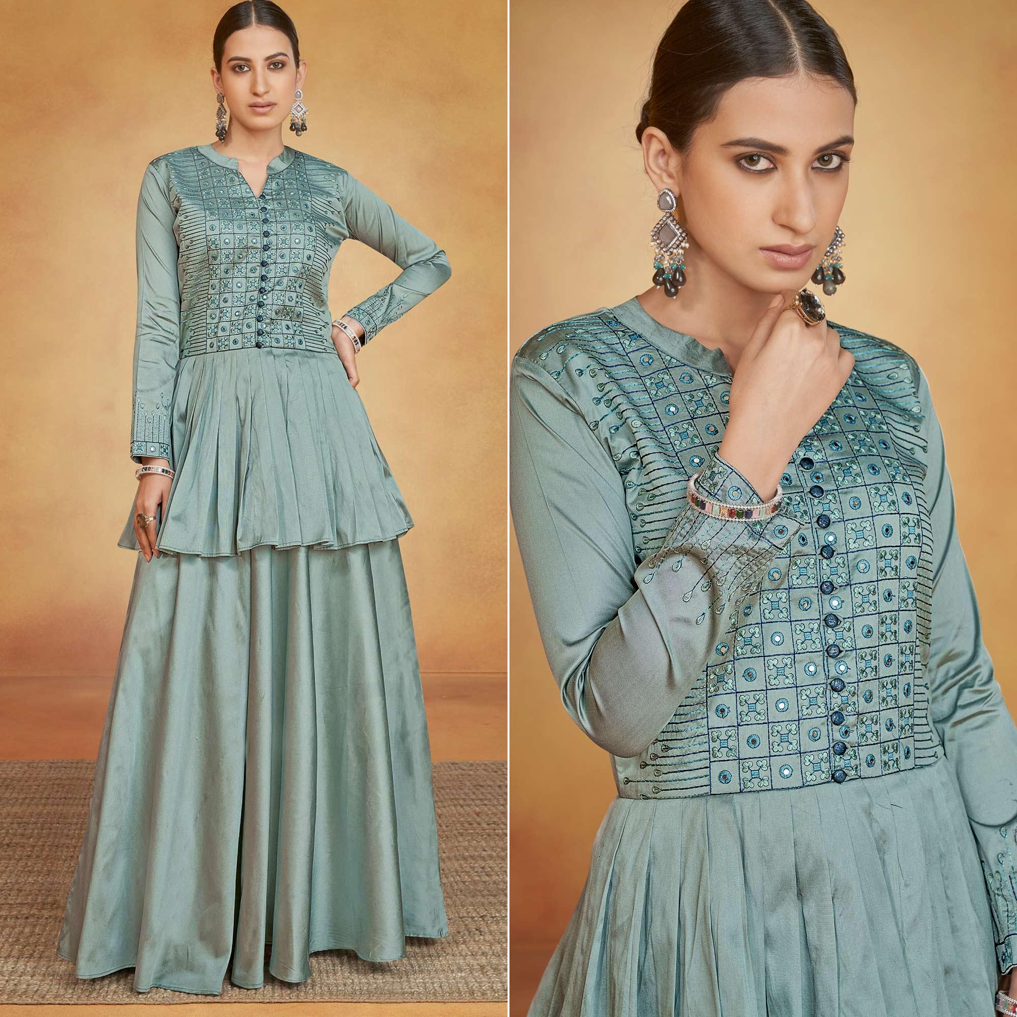 Stone Blue Party Wear Embroidered Tapetta Gown - Peachmode