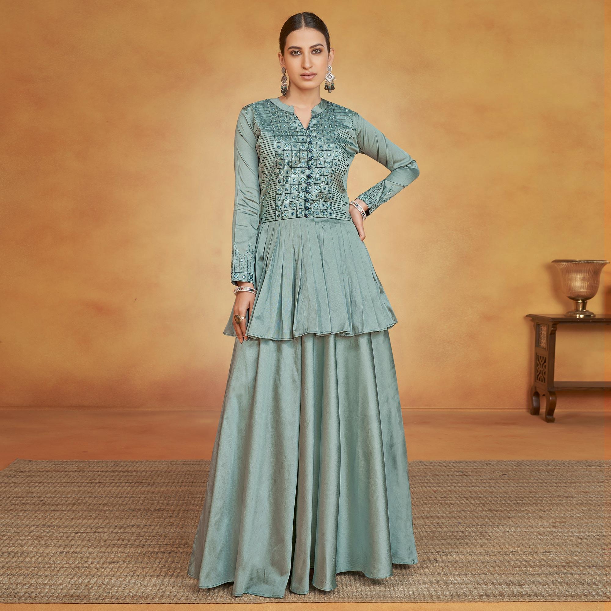 Stone Blue Party Wear Embroidered Tapetta Gown - Peachmode