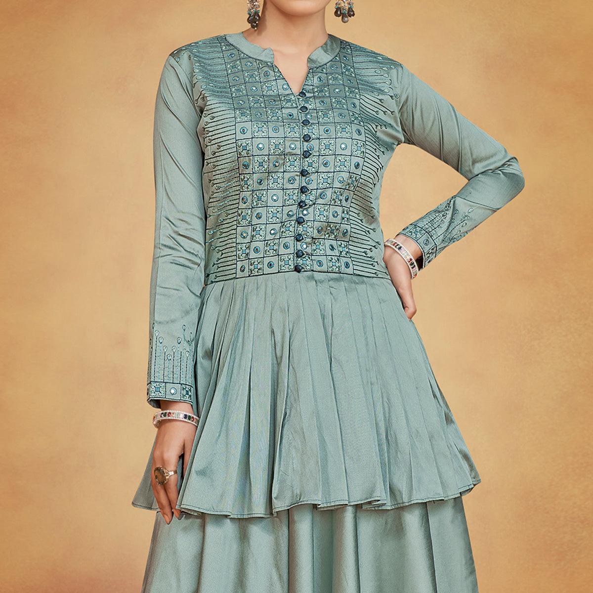 Stone Blue Party Wear Embroidered Tapetta Gown - Peachmode