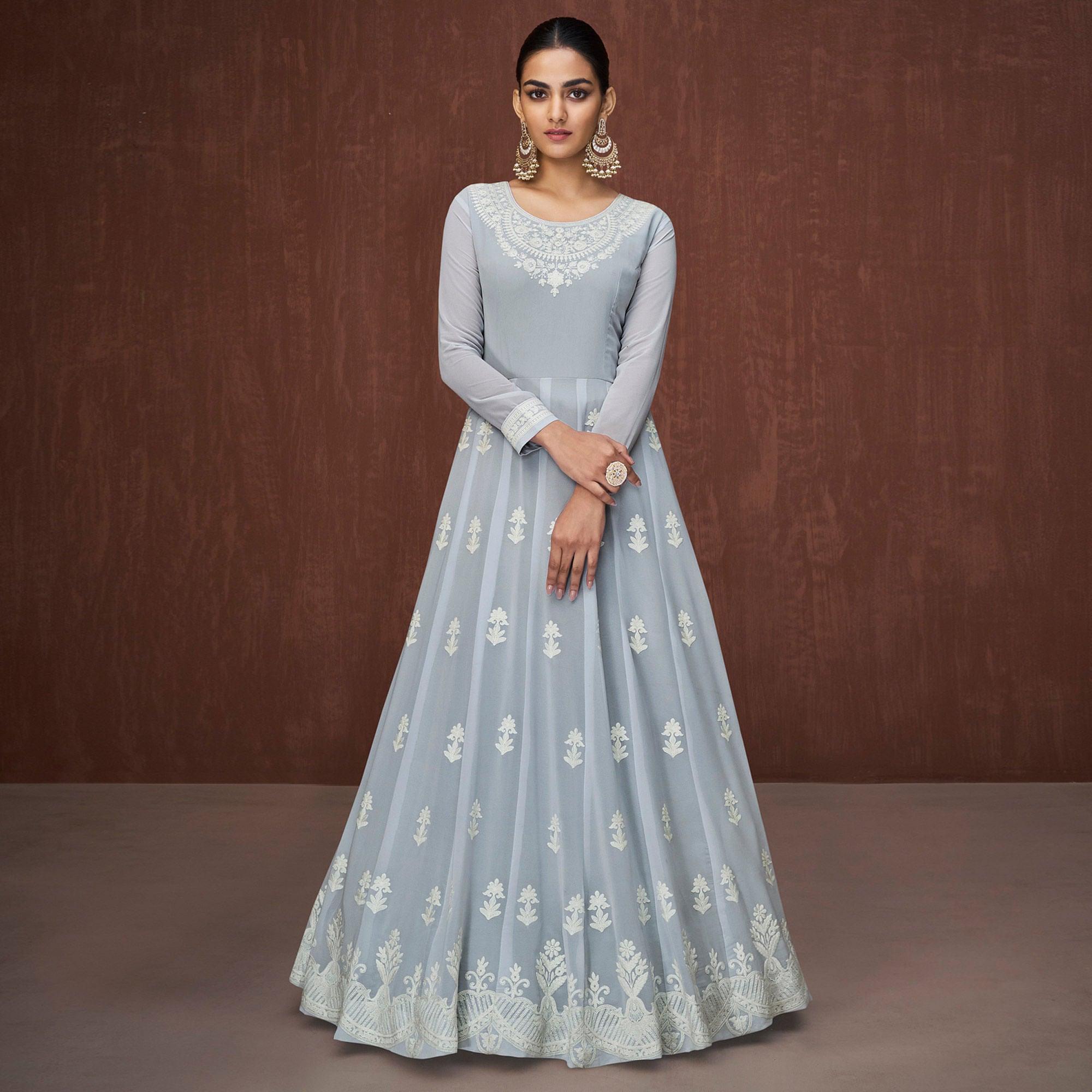 Stone Blue Party Wear Heavy Embroidered Georgette Gown - Peachmode