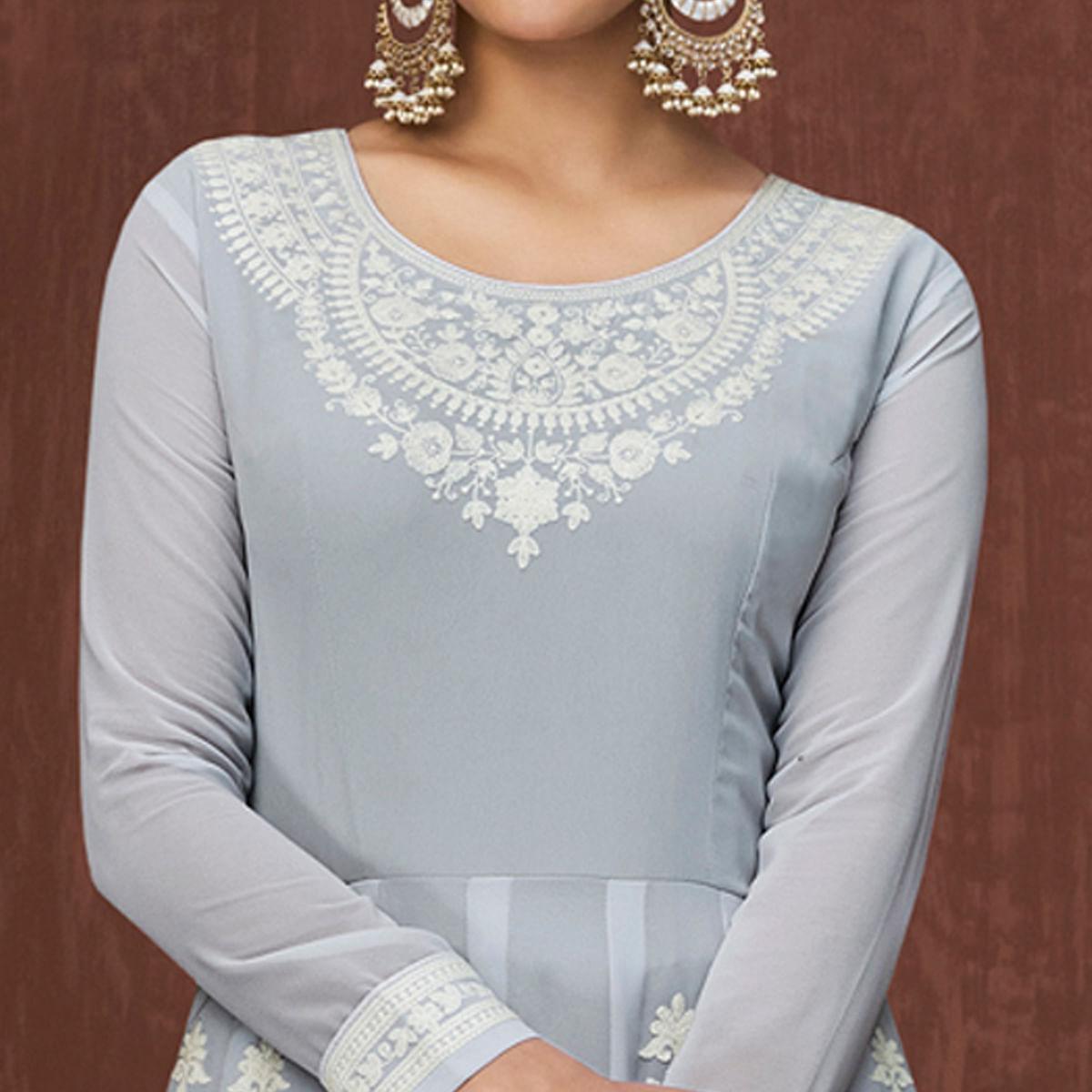 Stone Blue Party Wear Heavy Embroidered Georgette Gown - Peachmode