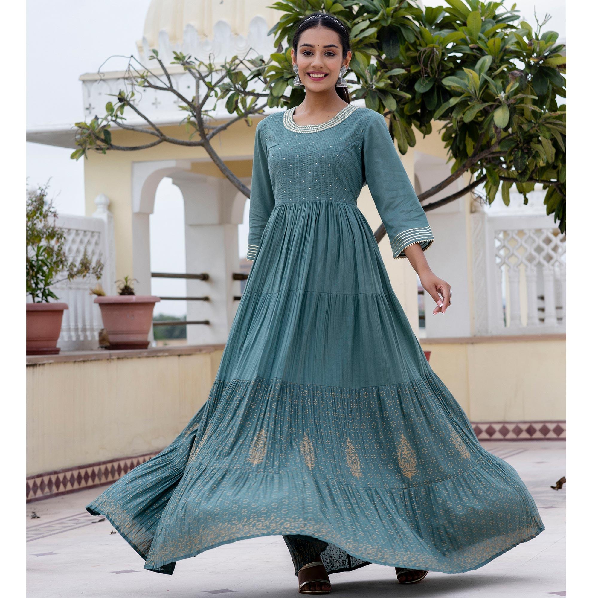 Stone Blue Sequence Embroidered With Printed Pure Cotton Gown - Peachmode