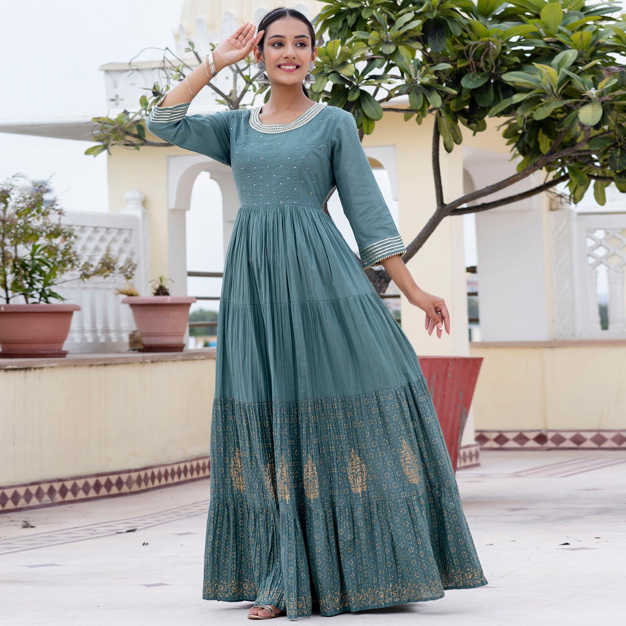 Stone Blue Sequence Embroidered With Printed Pure Cotton Gown - Peachmode