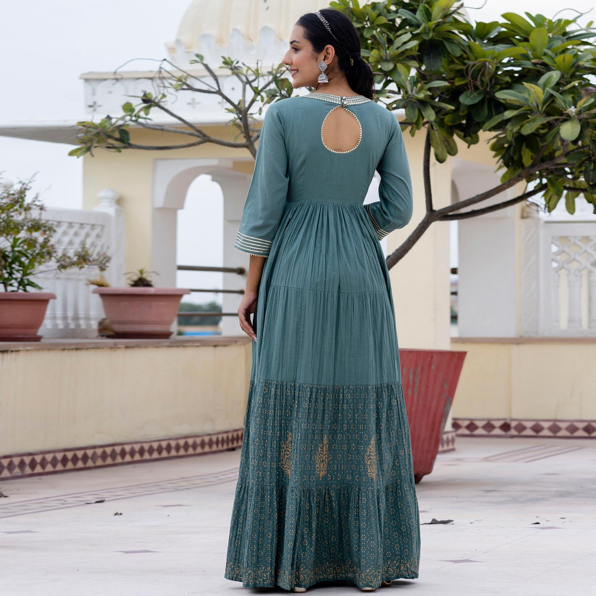 Stone Blue Sequence Embroidered With Printed Pure Cotton Gown - Peachmode