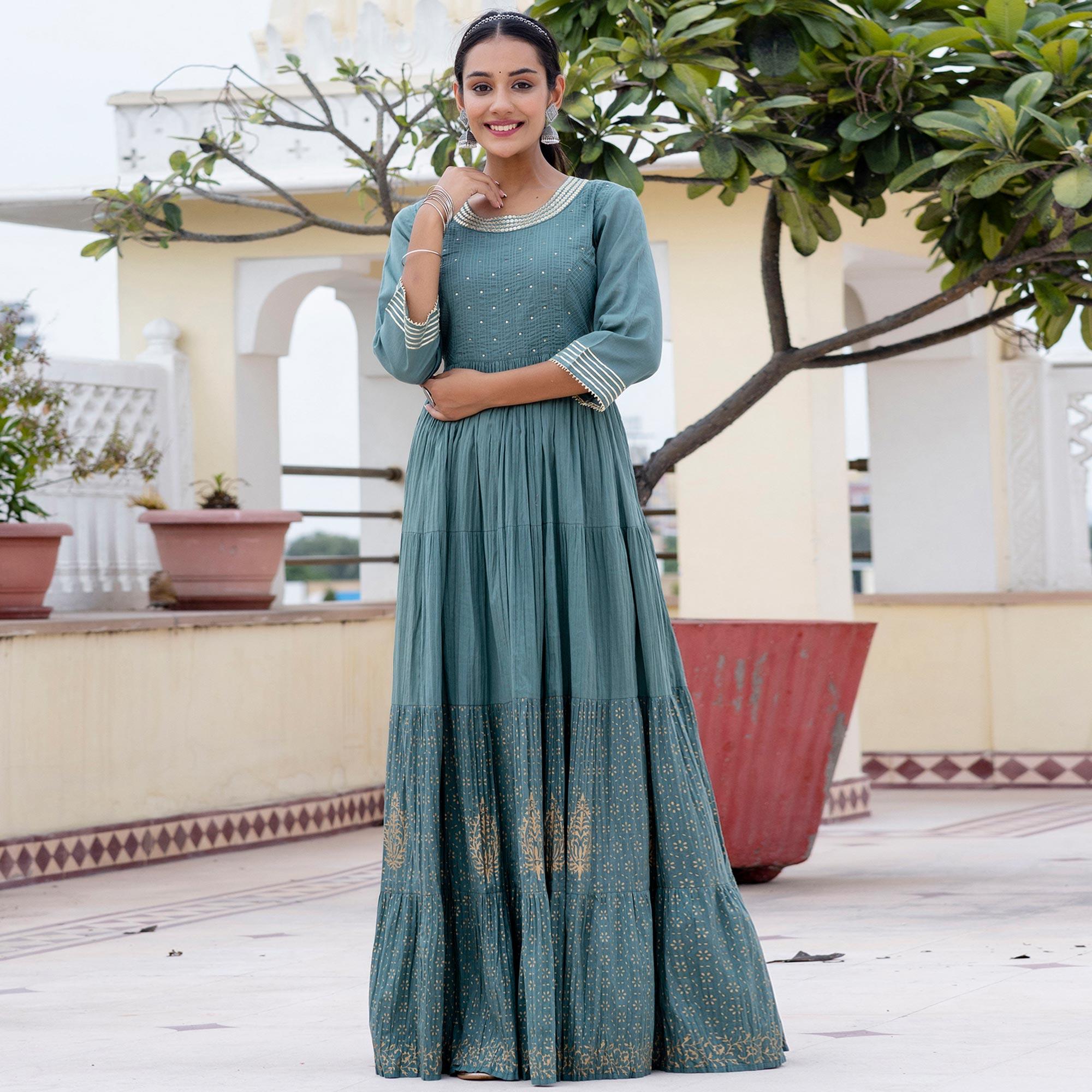 Stone Blue Sequence Embroidered With Printed Pure Cotton Gown - Peachmode