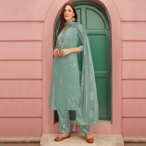 Stone Green Embroidery With Printed Pure Cotton Kurti Pant Set - Peachmode