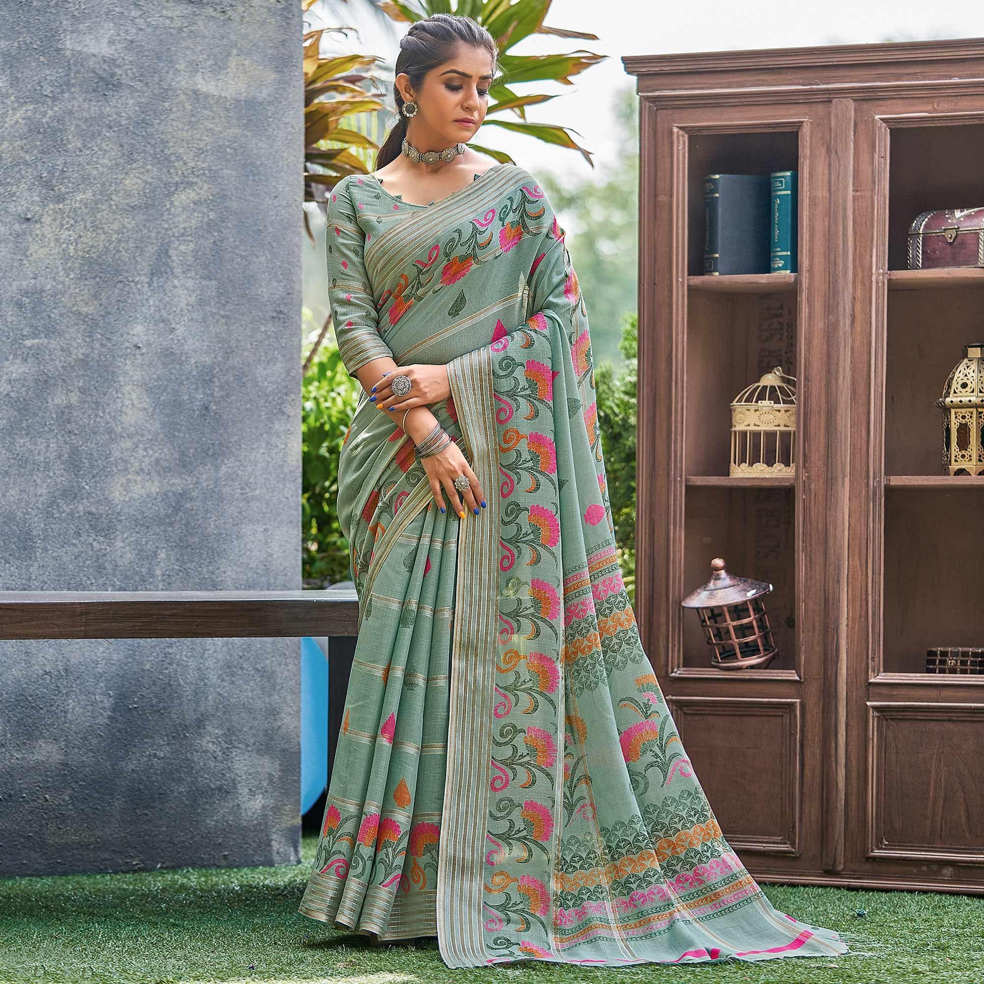 Stone Green Floral Printed Linen Saree - Peachmode