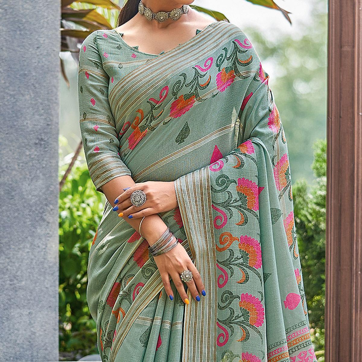 Stone Green Floral Printed Linen Saree - Peachmode