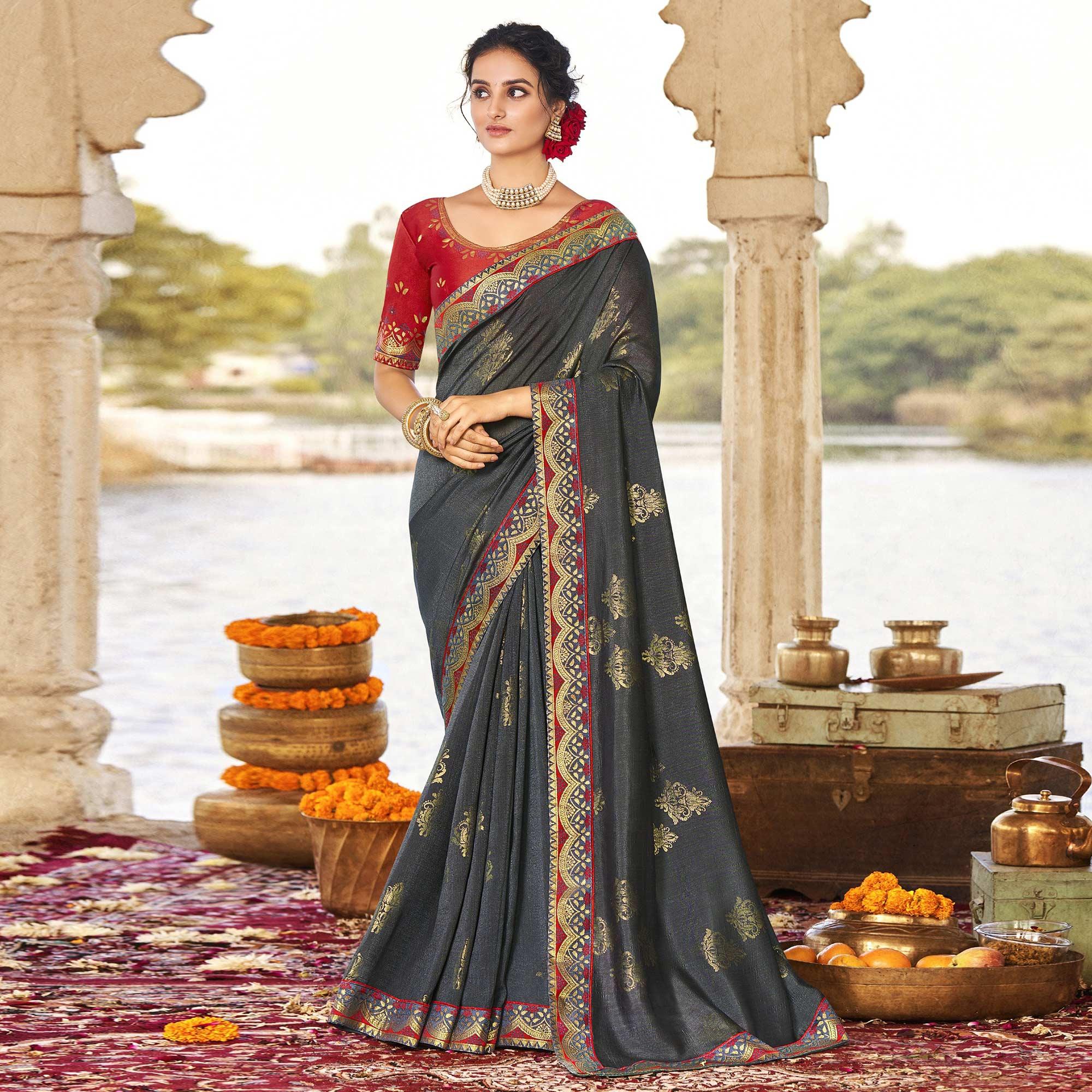 Stone Grey Festive Wear Jari Work Silk Saree - Peachmode