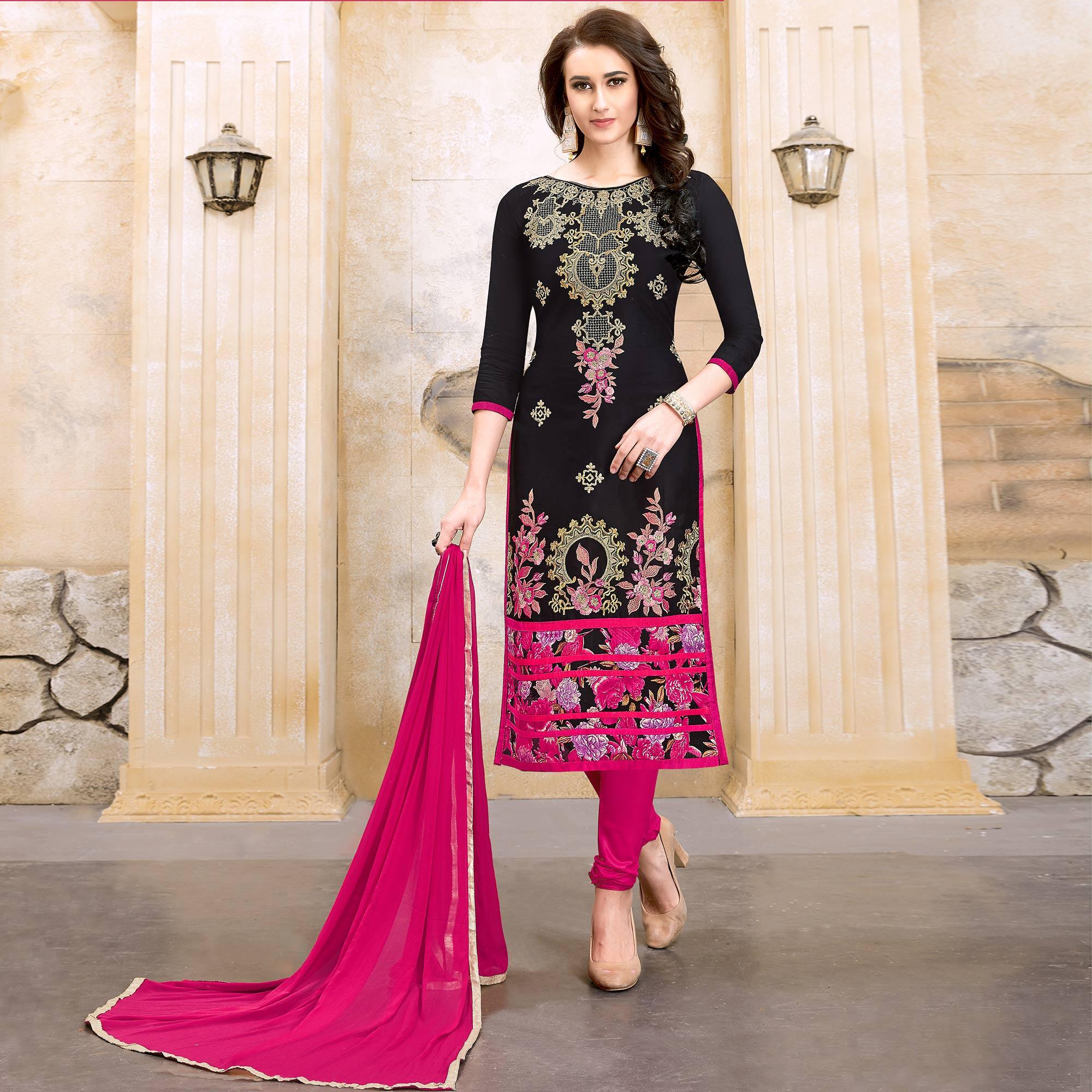 Stunning Black Colored Party Wear Embroidered Modal Dress Material - Peachmode