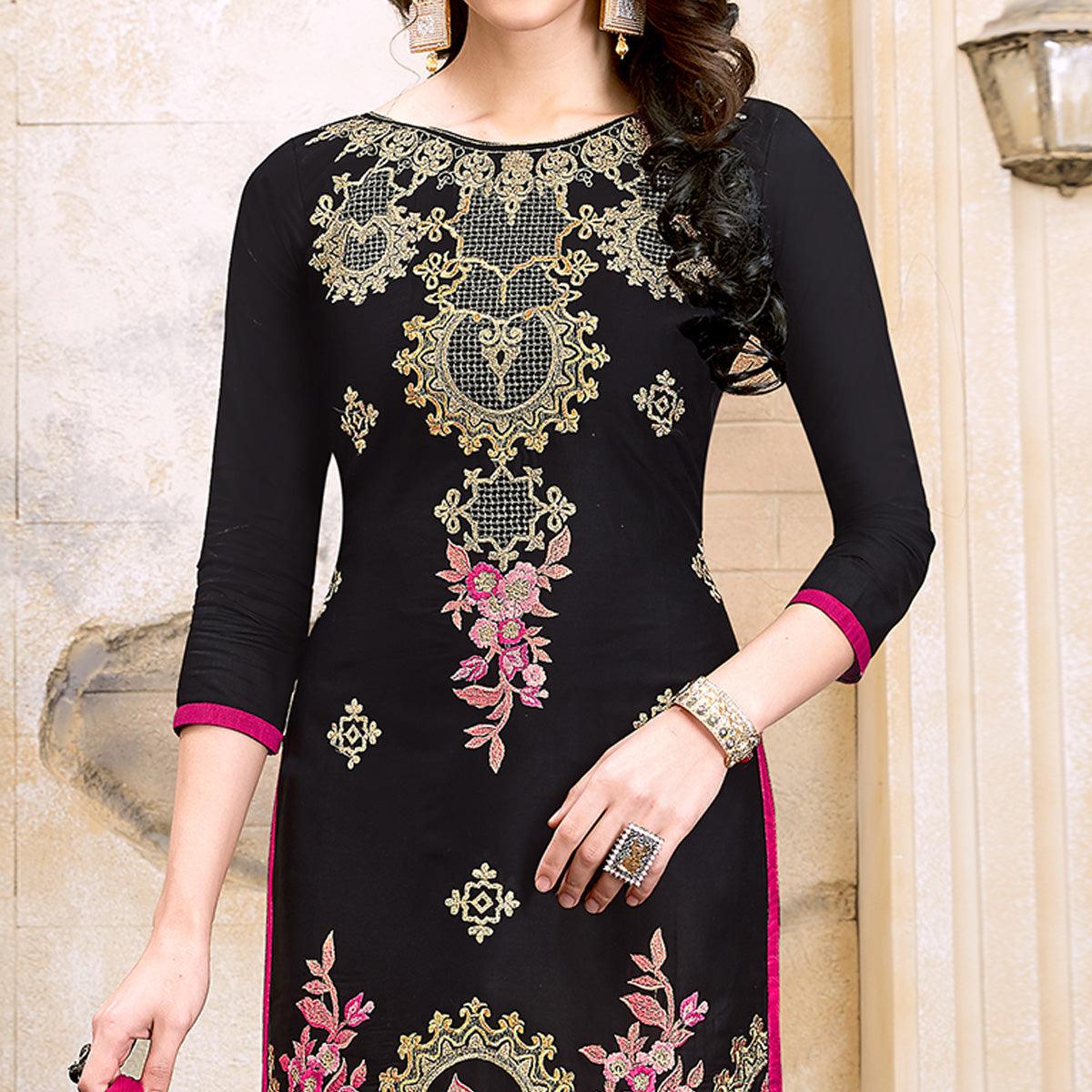 Stunning Black Colored Party Wear Embroidered Modal Dress Material - Peachmode