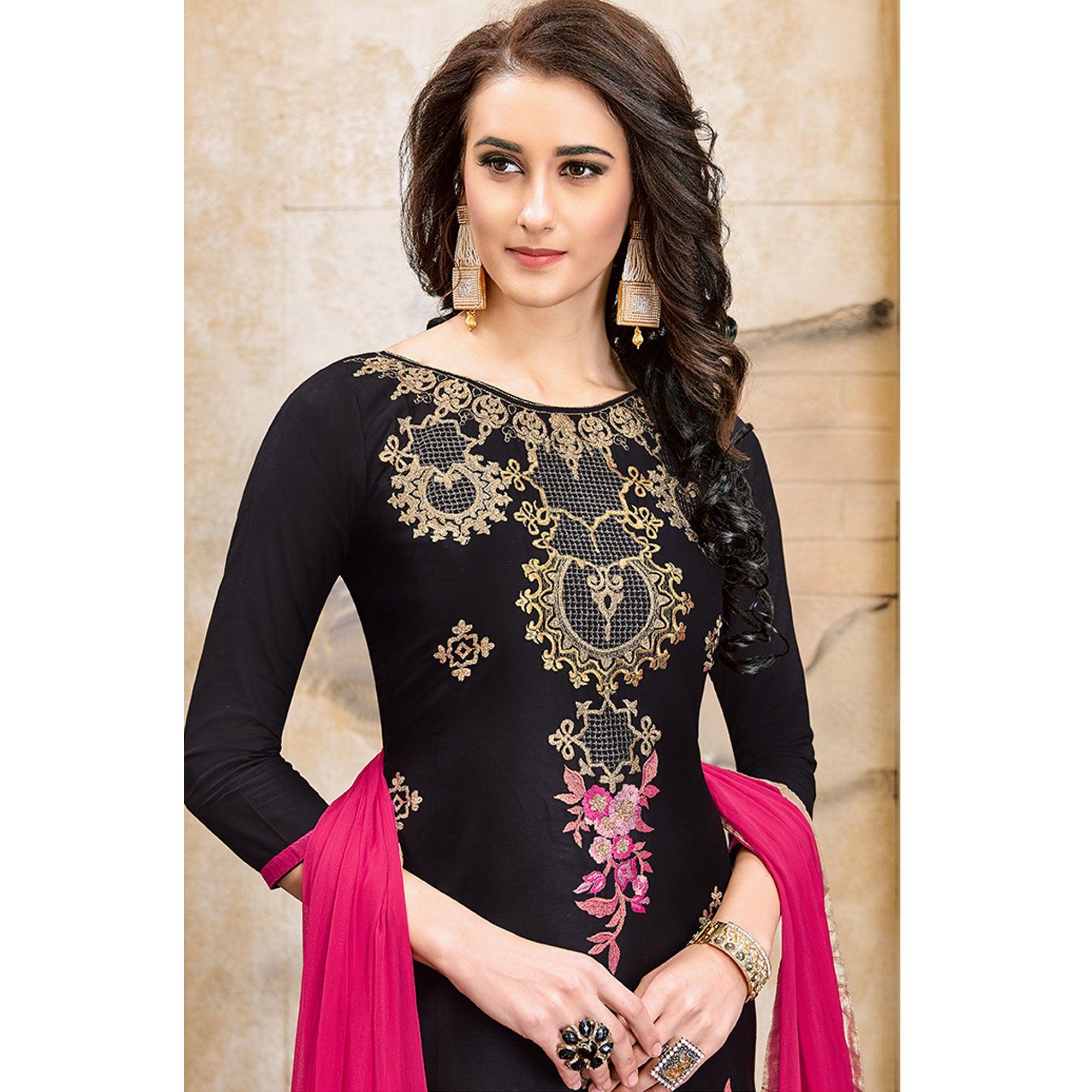 Stunning Black Colored Party Wear Embroidered Modal Dress Material - Peachmode